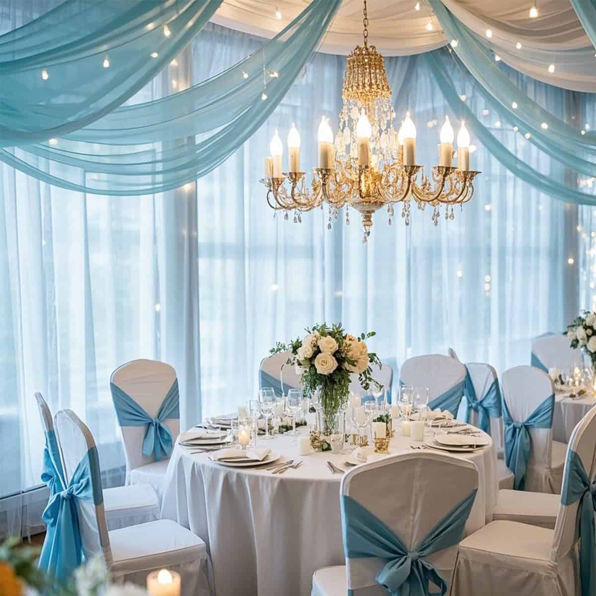 Cortina de Techo en Azul Bebé para Bodas con Telas de