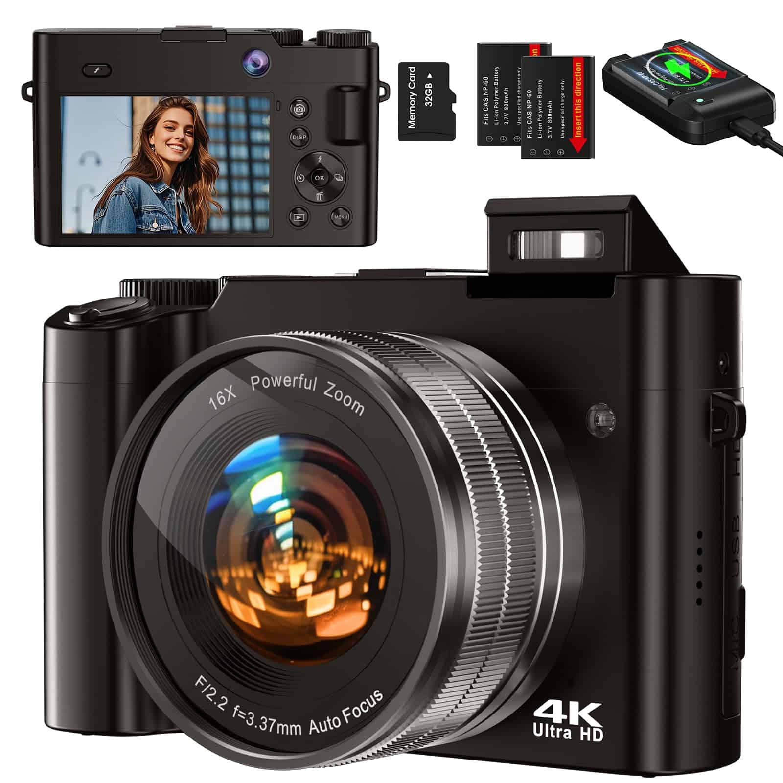 Cámara Digital de 64MP con Tarjeta de Memoria de 32G y