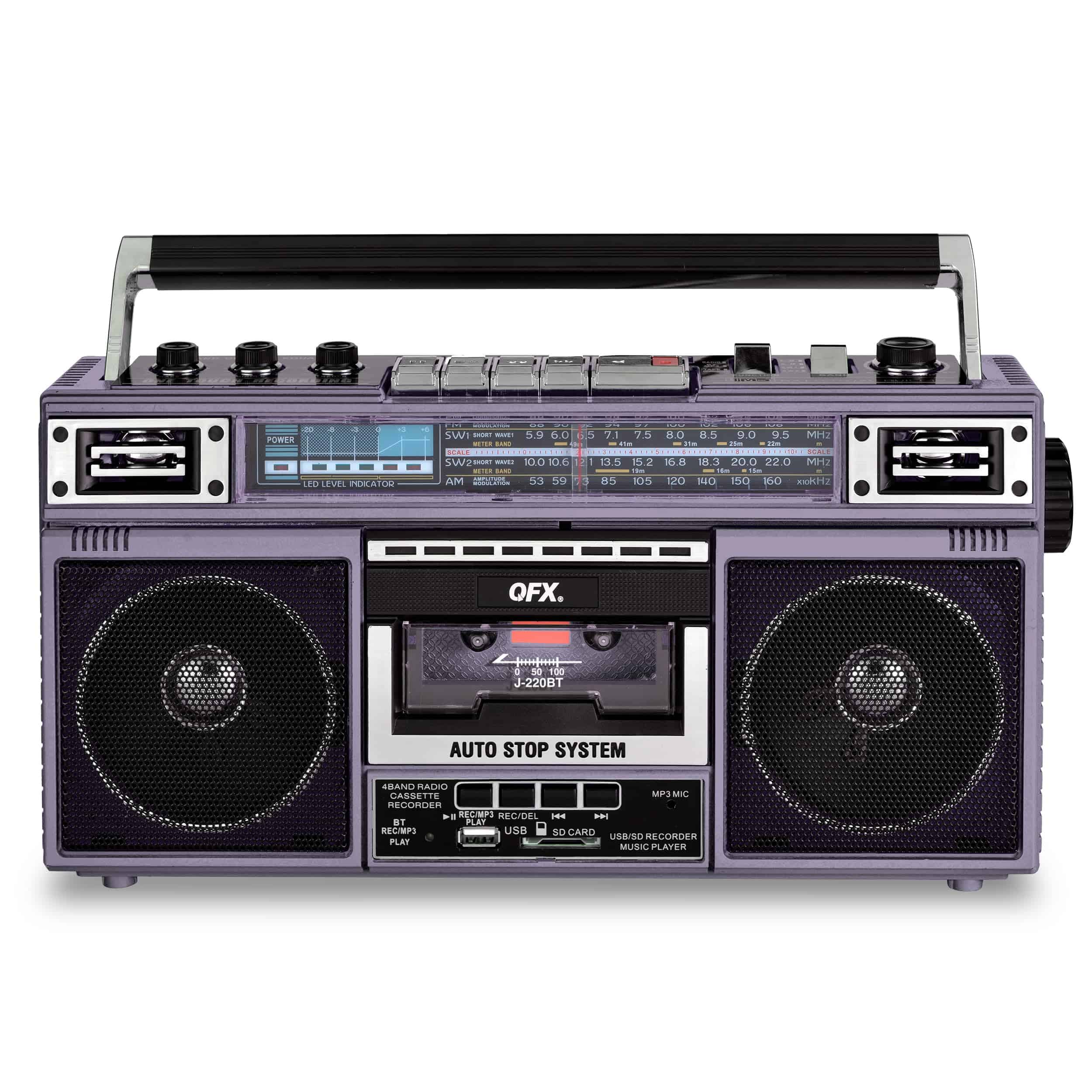 QFX J-220BT Purple Boombox Conversión de MP3 de Radio a