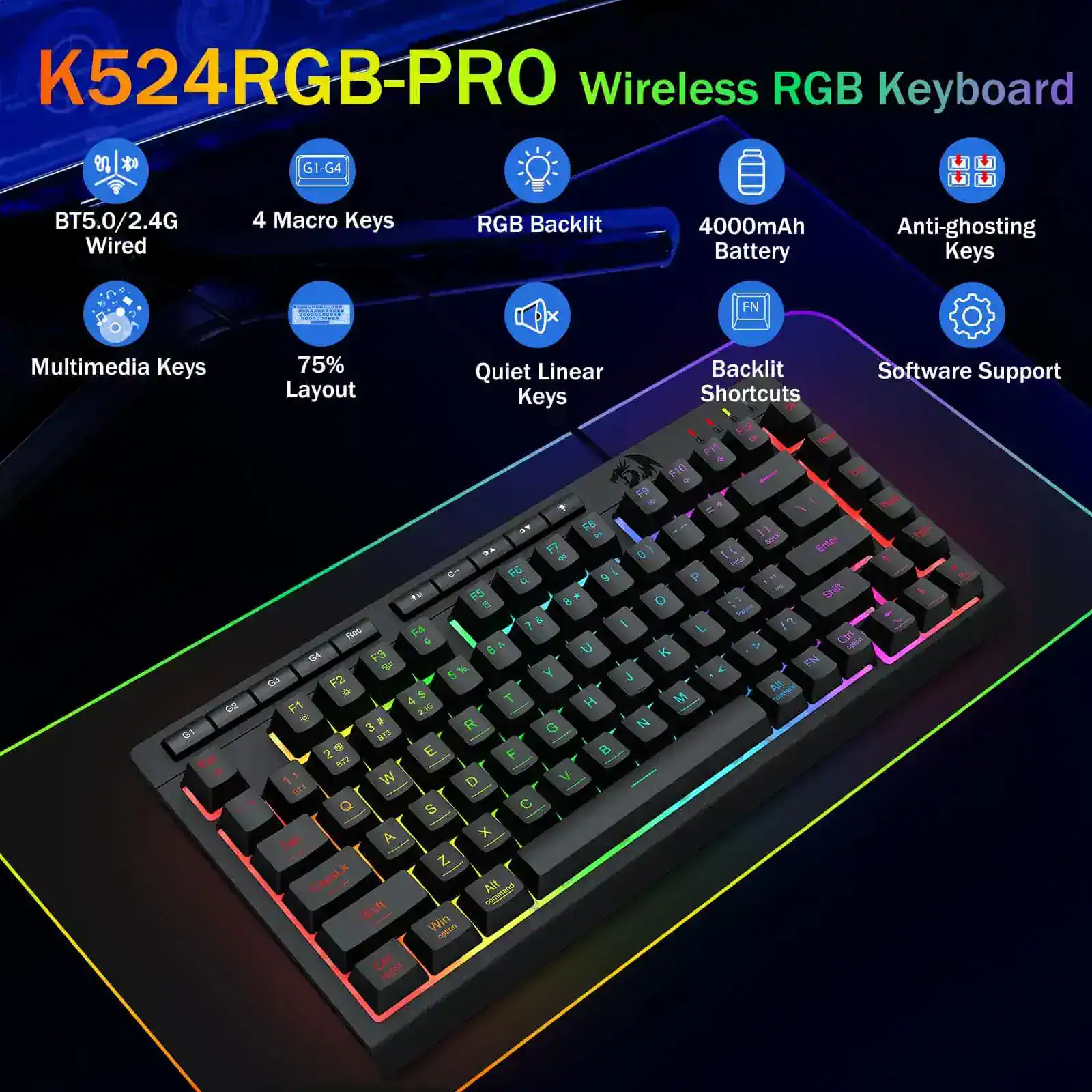 Alternative view of Teclado de Juegos Inalámbrico Portátil Redragon, Teclas