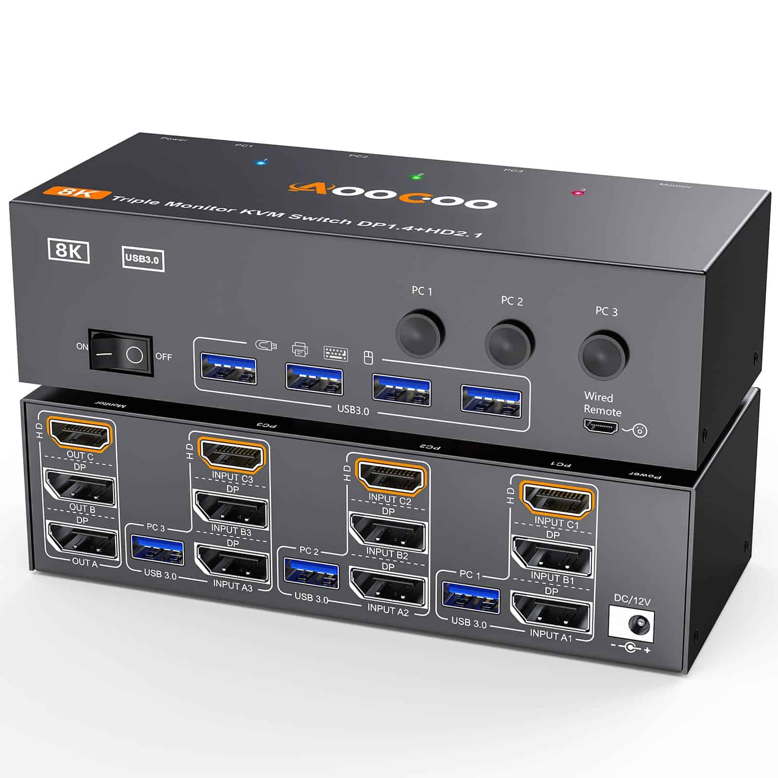 Switch KVM DisplayPort HDMI 8K@60Hz para 3 Monitores 3