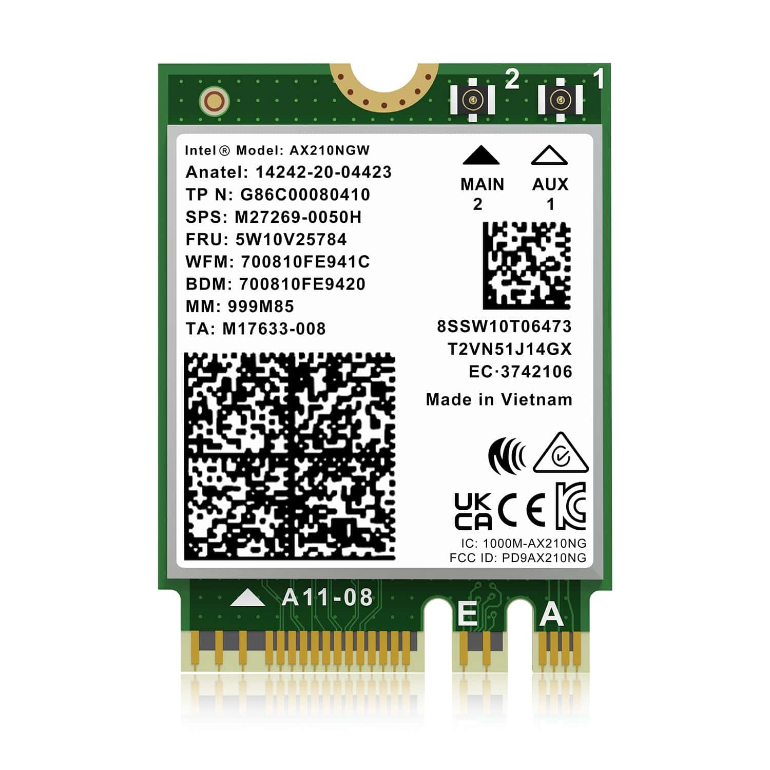 Tarjeta Inalámbrica WiFi 6E Intel AX210NGW, Bluetooth 5.3
