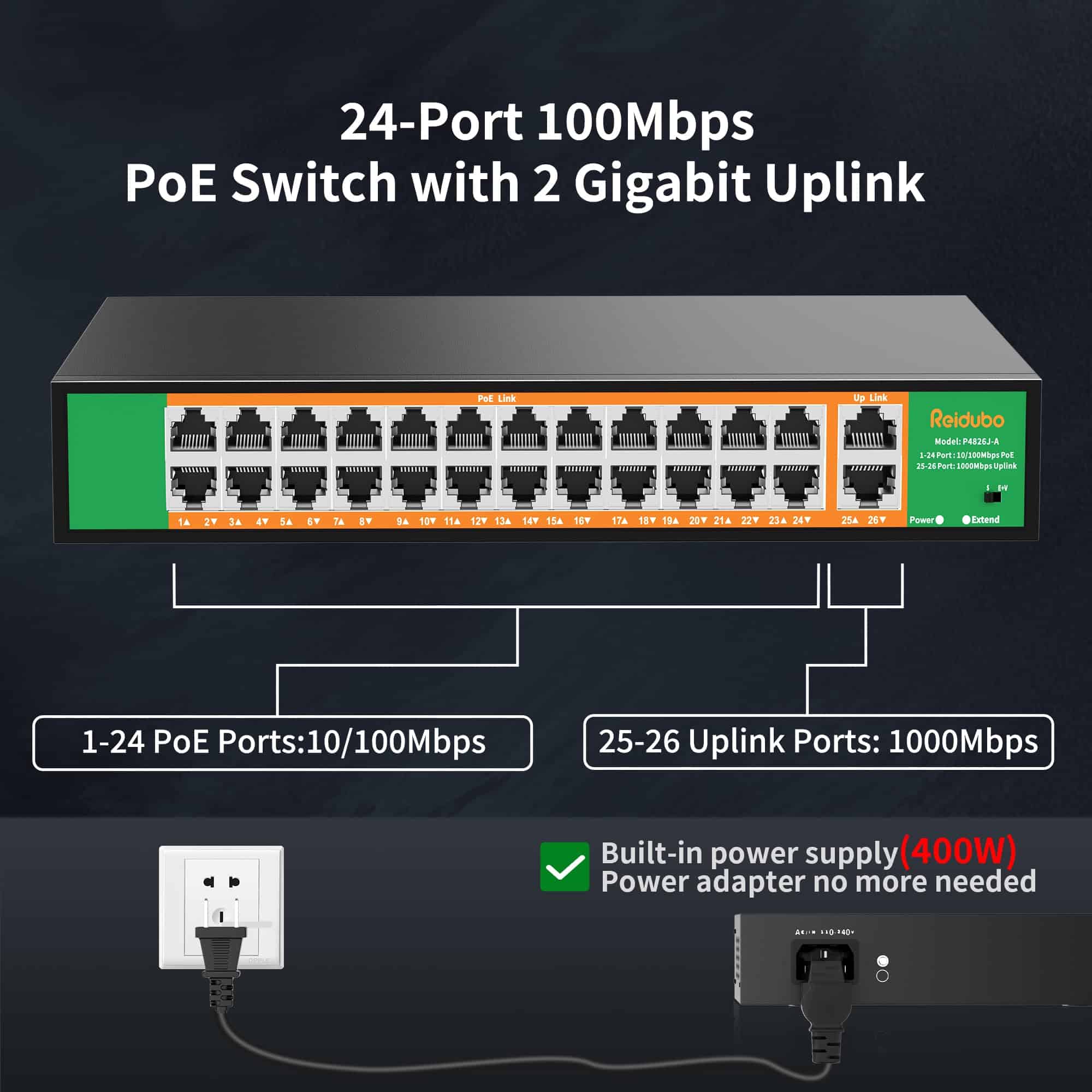 Alternative view of Switch PoE de 24 Puertos con 2 Puertos de Enlace Gigabit
