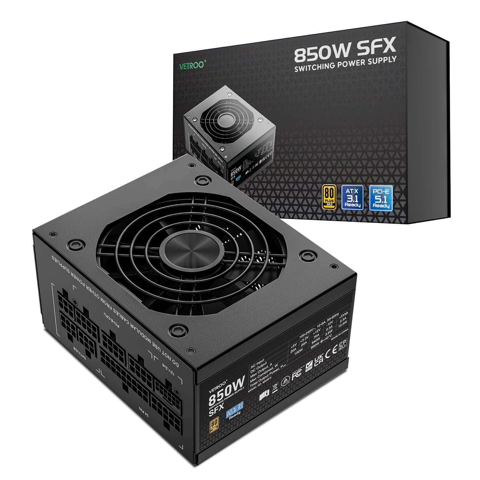Fuente de alimentación Vetroo 850W SFX ATX 3.1 y PCIE 5.1