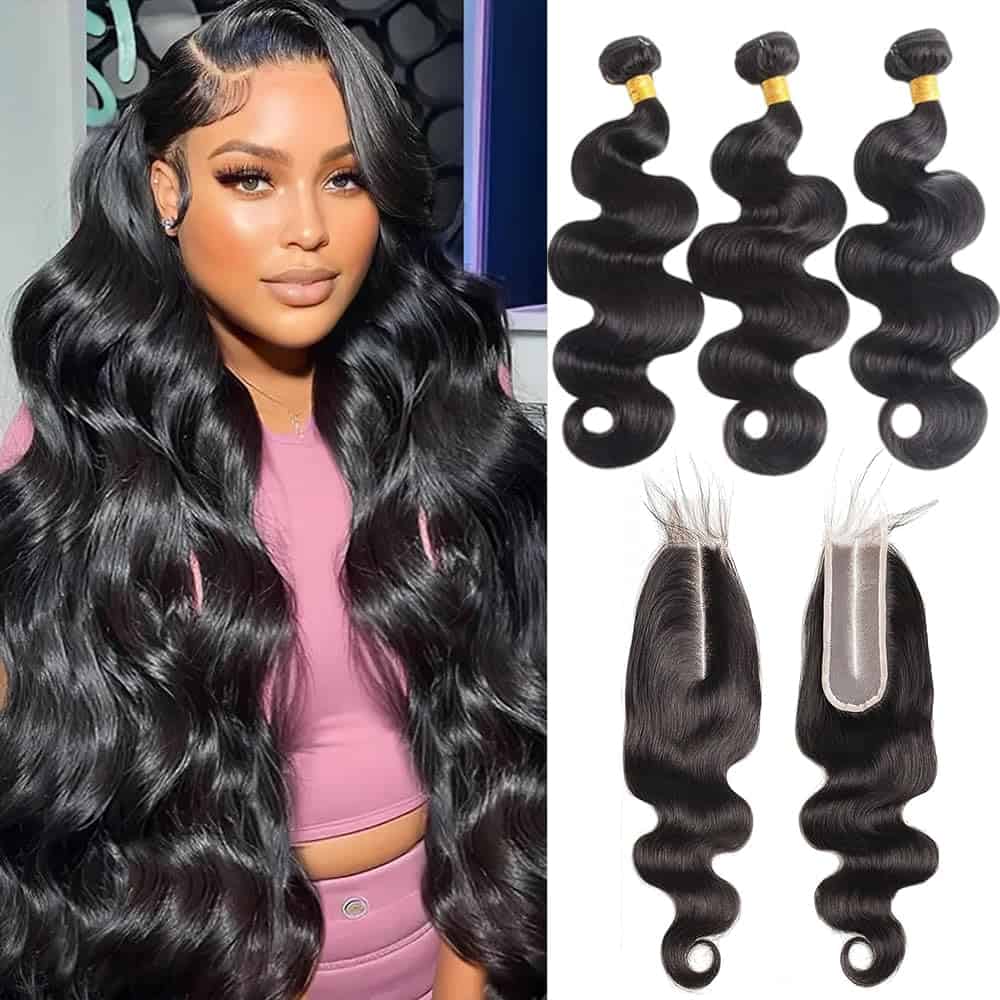 ZGWG 12A Body Wave Human Hair Bundles With Closure(20 22