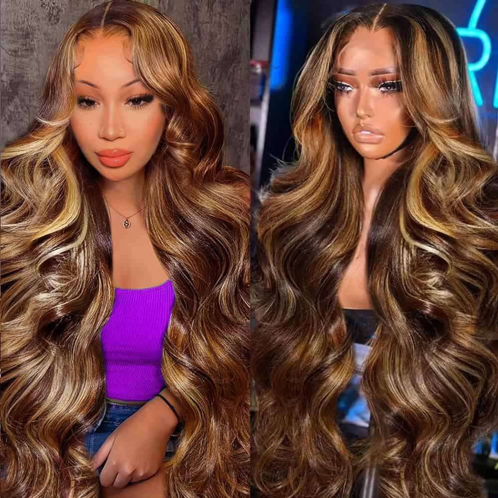 ZHUOBEI Peluca de Encaje Frontal 13×6 Ombre Resaltada Onda