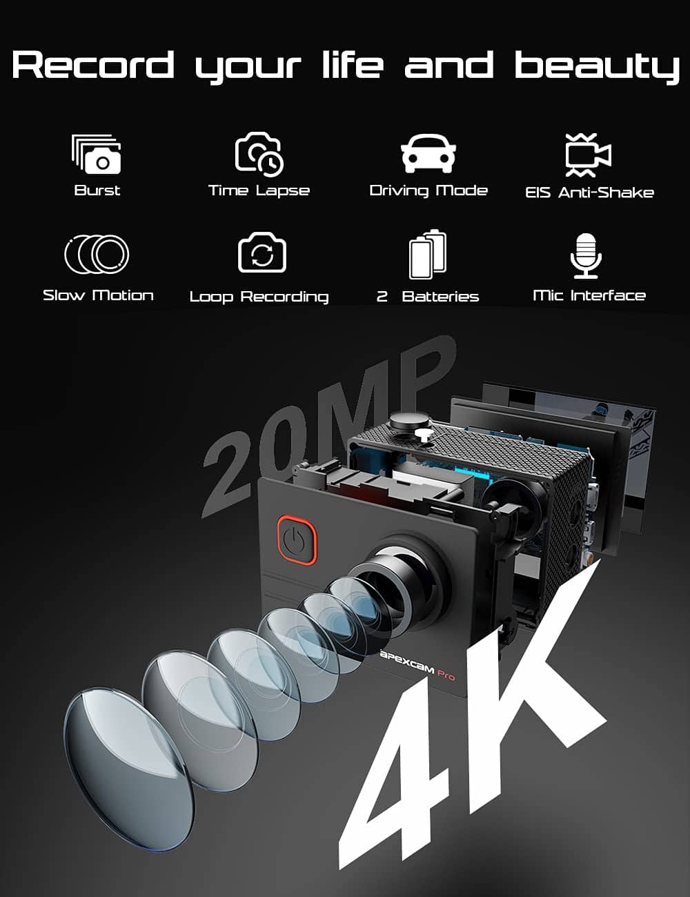 Cámara de Acción Apexcam 4K - Estabilización EIS, - Image 3