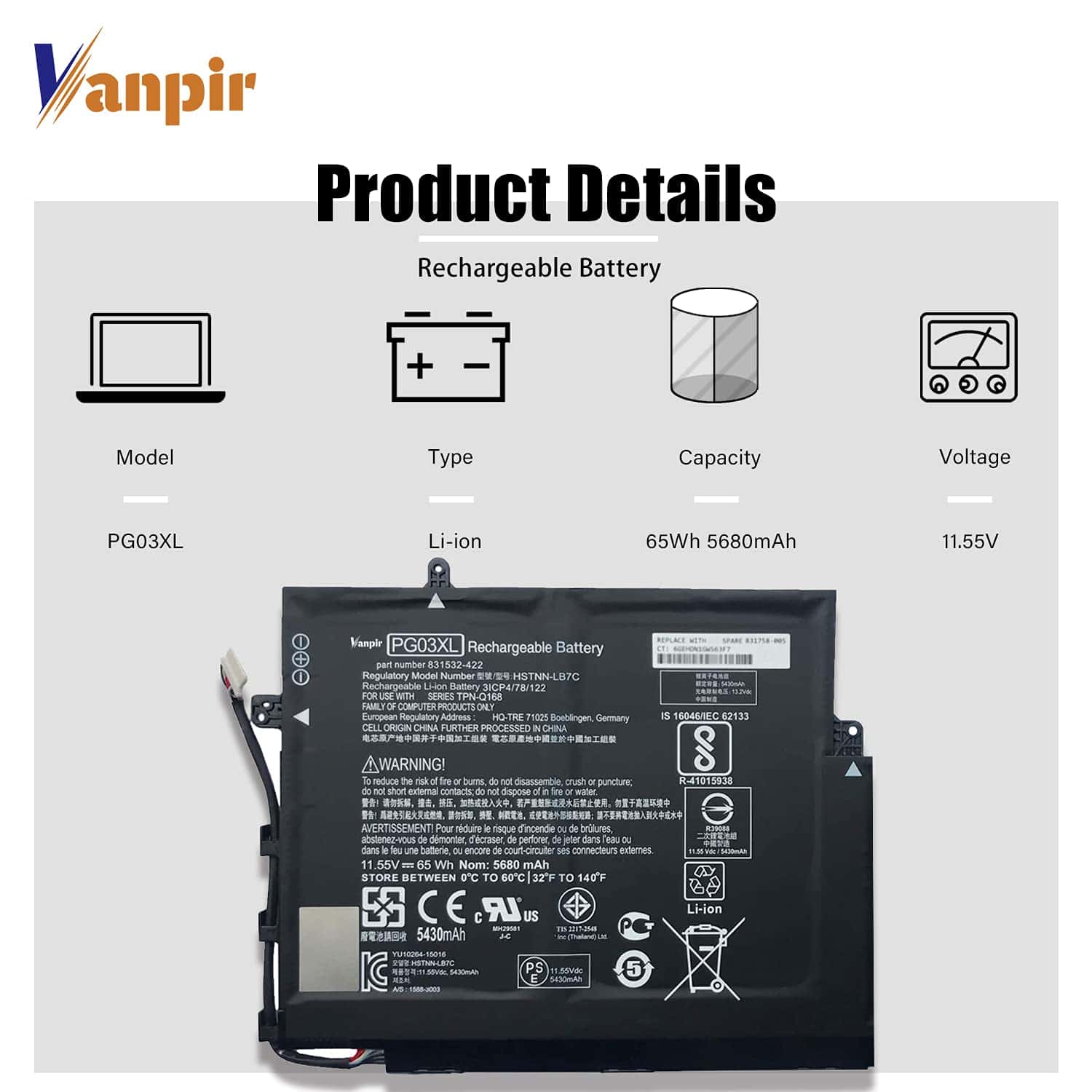 Batería VANPIR PG03XL 831758-005 831532-422 para HP Spectre - Image 4