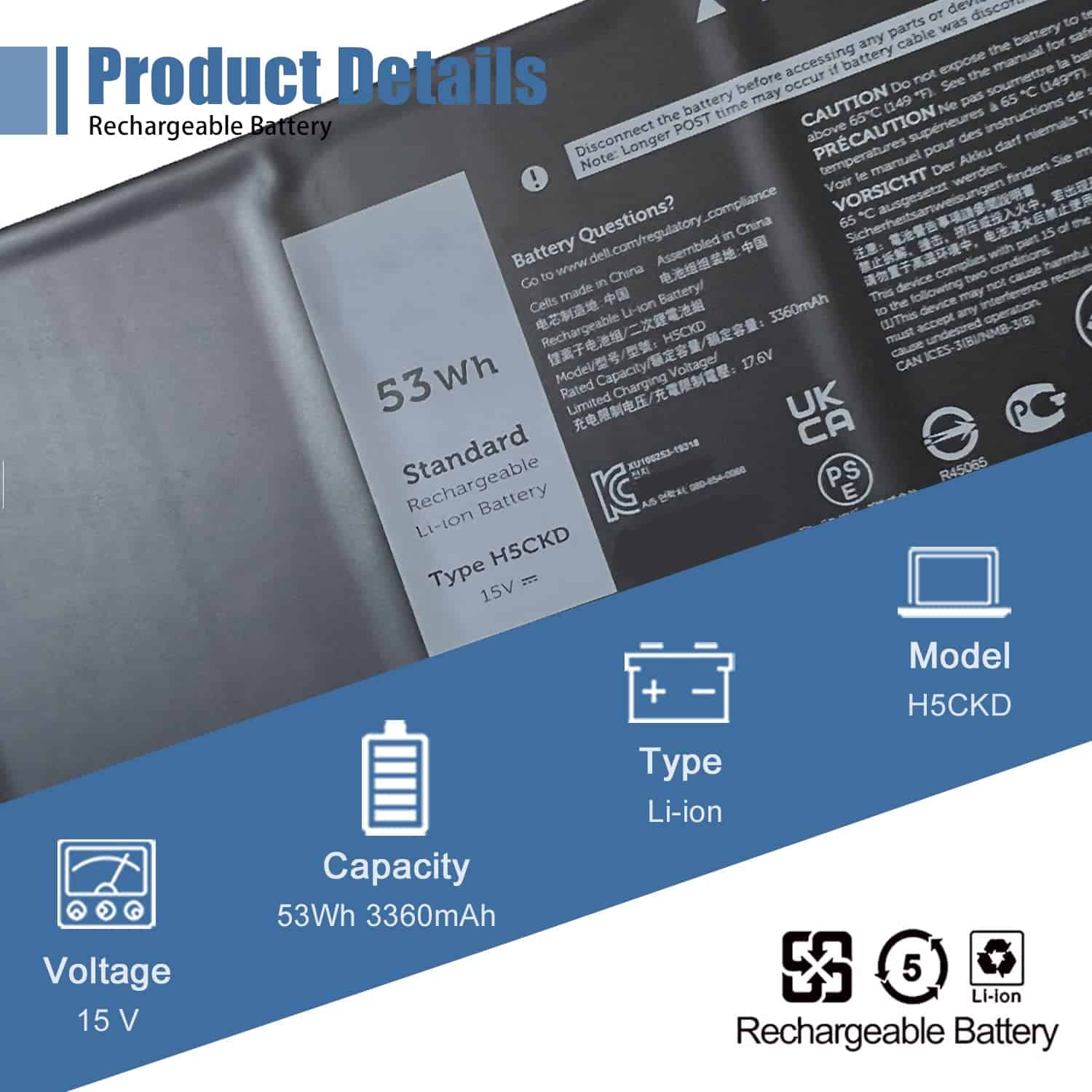 Batería de Laptop VANPIR H5CKD, 15V 53Wh 3360mAh Compatible - Image 3