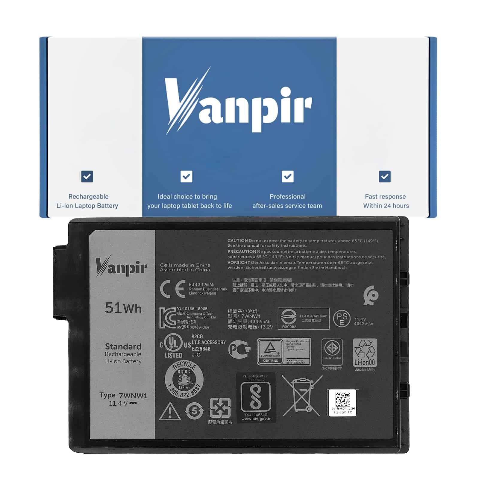 Batería para Laptop VANPIR 7WNW1, 11.4V 51Wh 4342mAh 3
