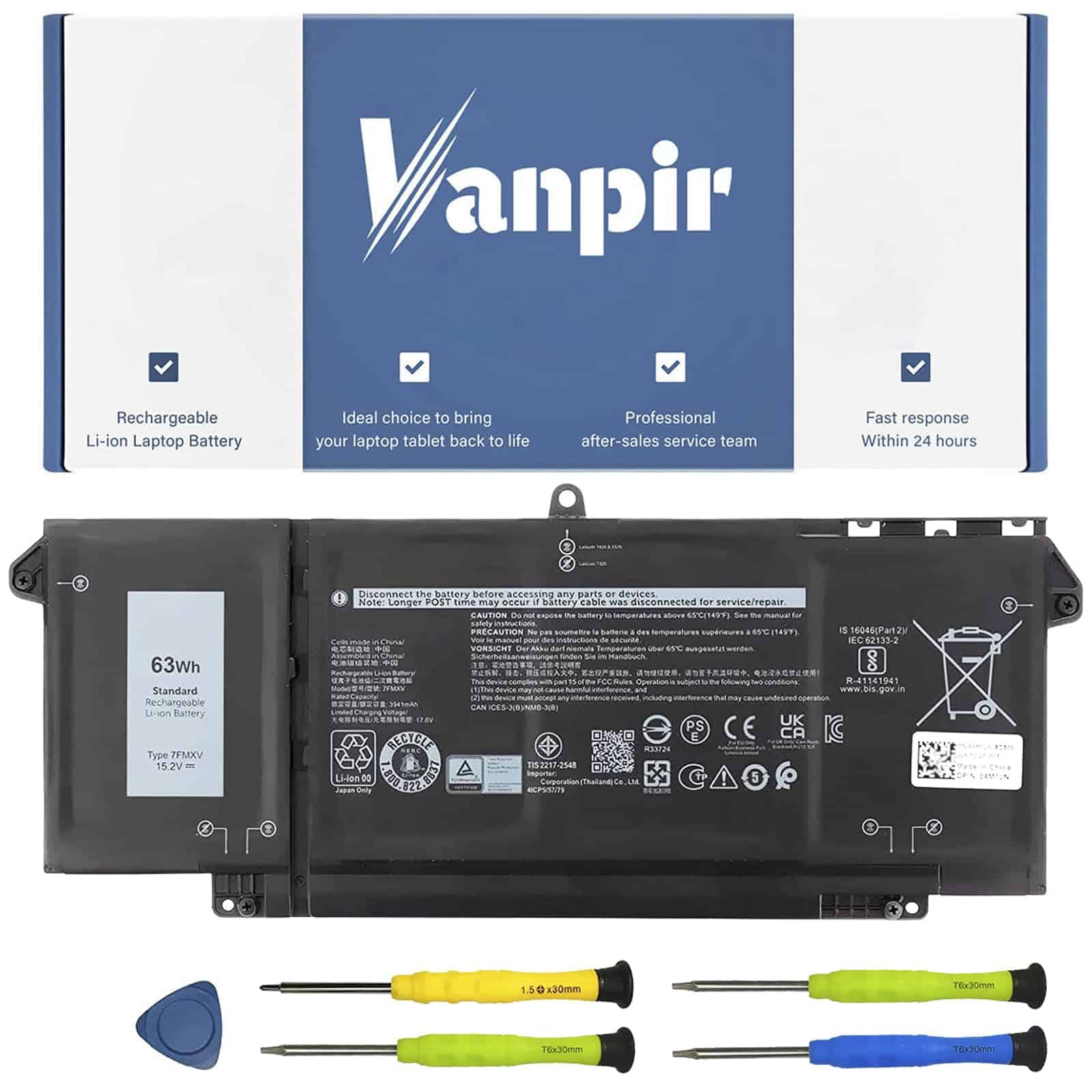 Batería de laptop VANPIR 7FMXV 63Wh de repuesto para Dell
