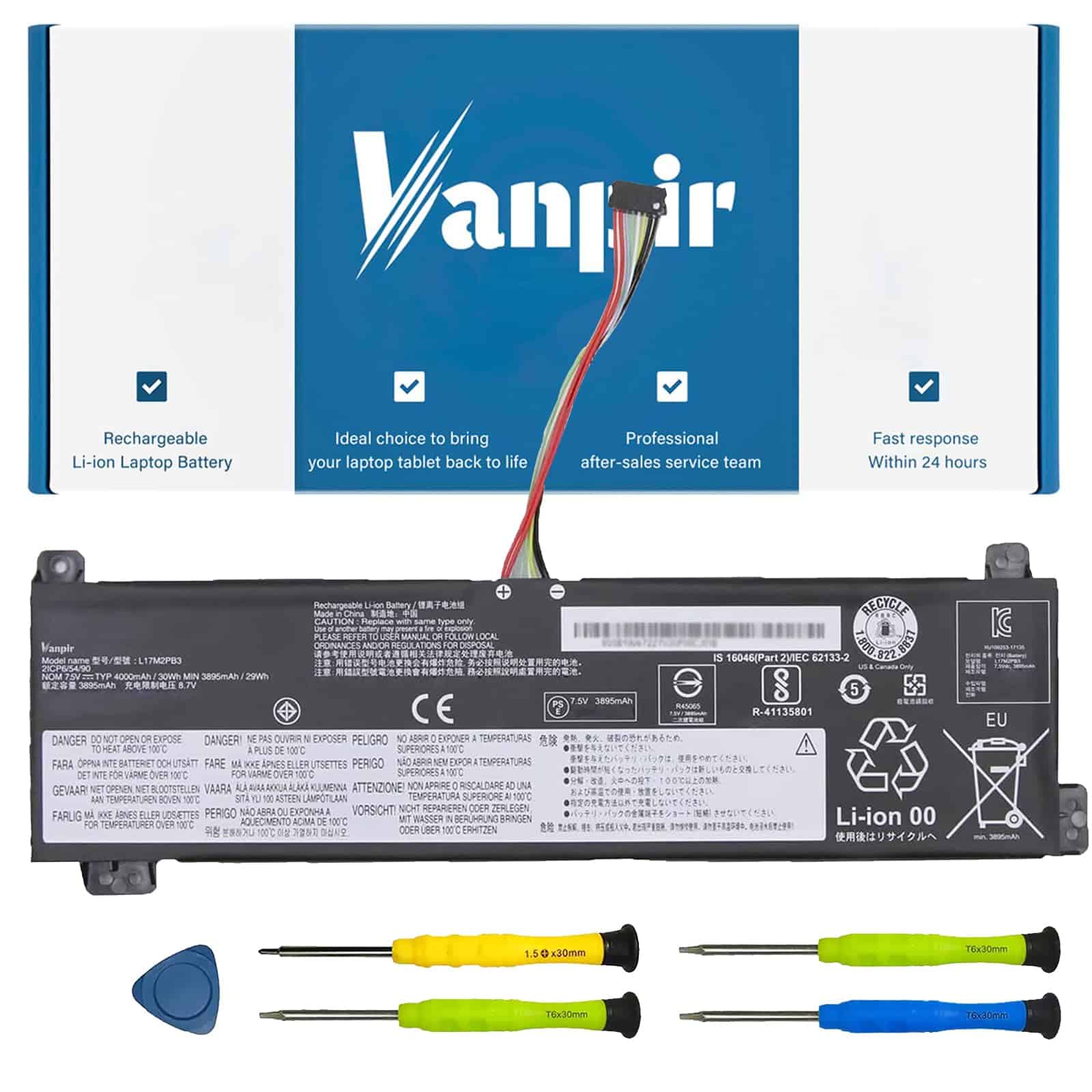 Batería de Laptop VANPIR L17M2PB3, 7.5V 30Wh 4000mAh