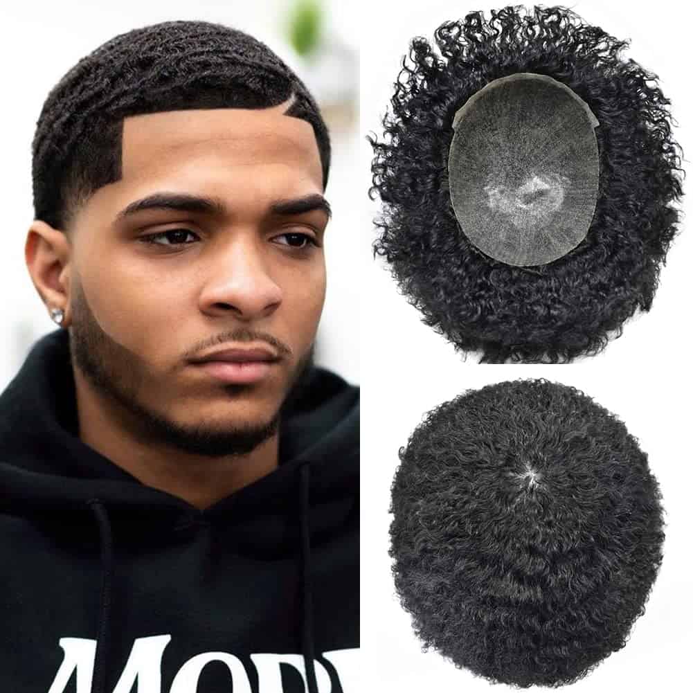 Tupé afro para hombres negros 8MM peluca de cabello rizado