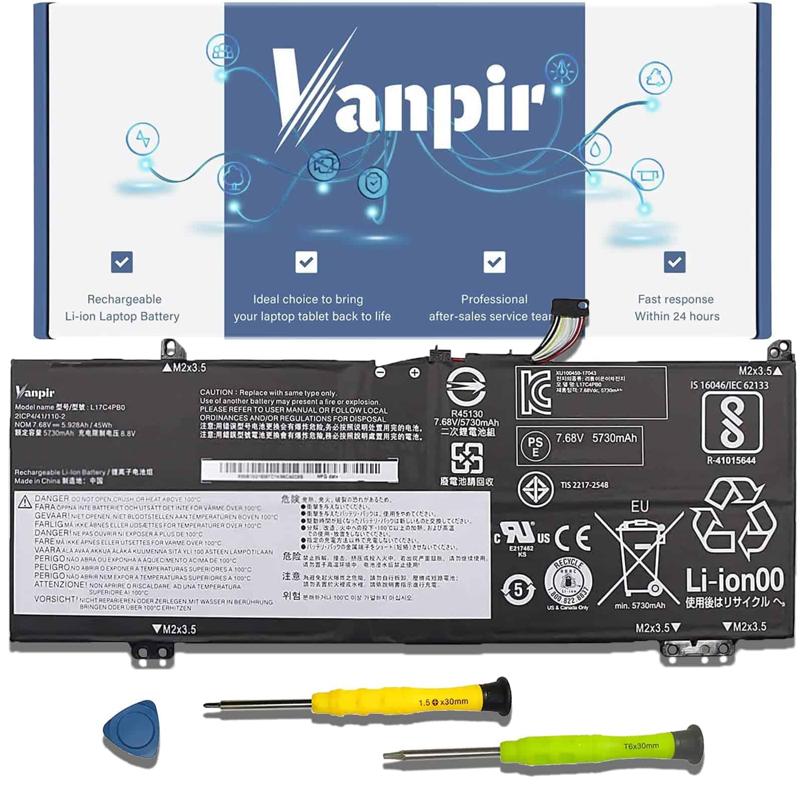 Batería de computadora portátil VANPIR L17C4PB0, 7.68V 45Wh