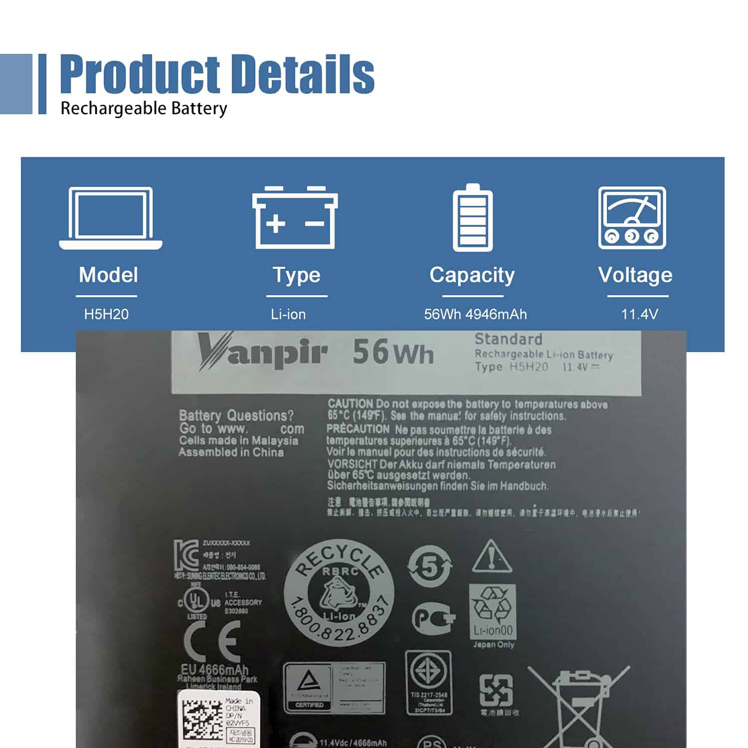 Batería para Laptop VANPIR H5H20 11.4V 56Wh 4946mAh - Image 3