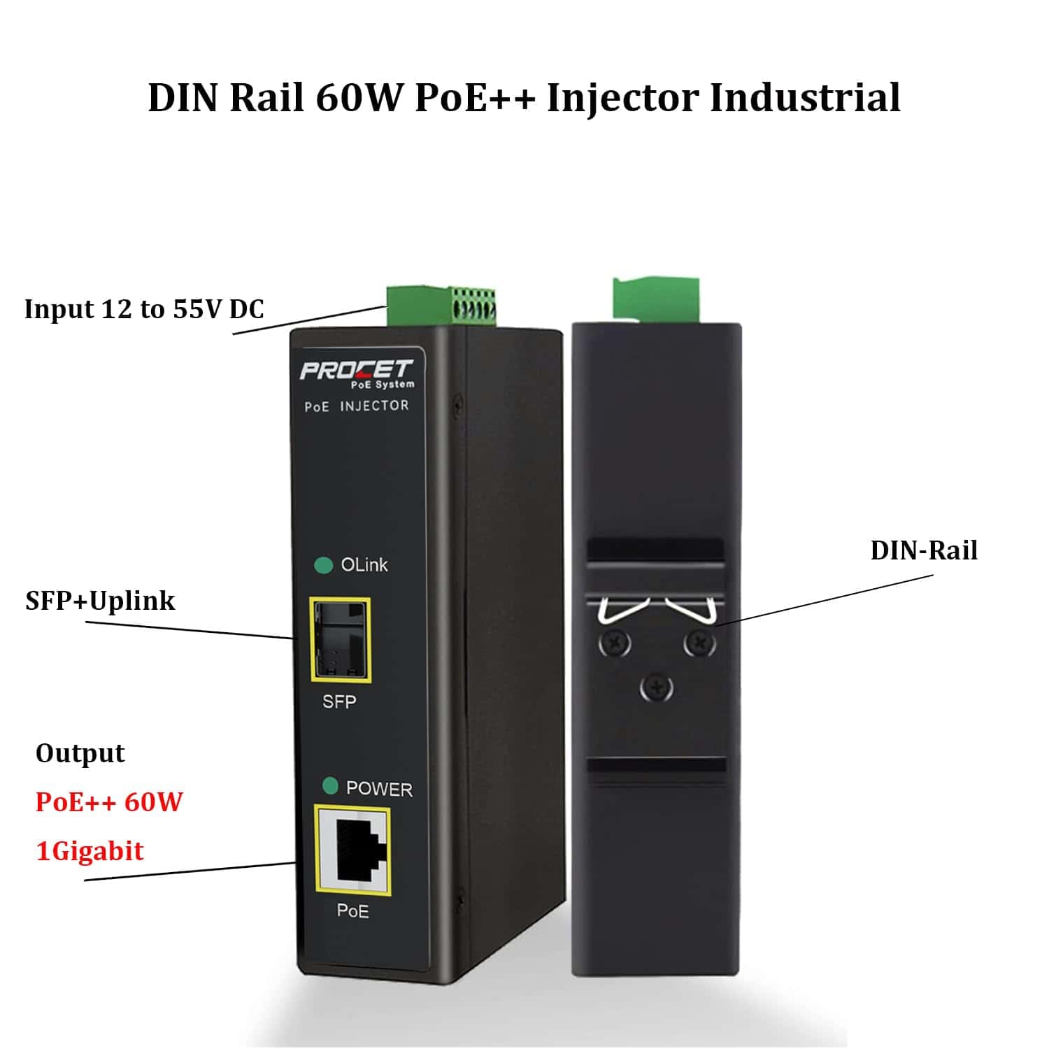 Inyector PoE PoE de fibra PROCET SFP para riel DIN - Image 3