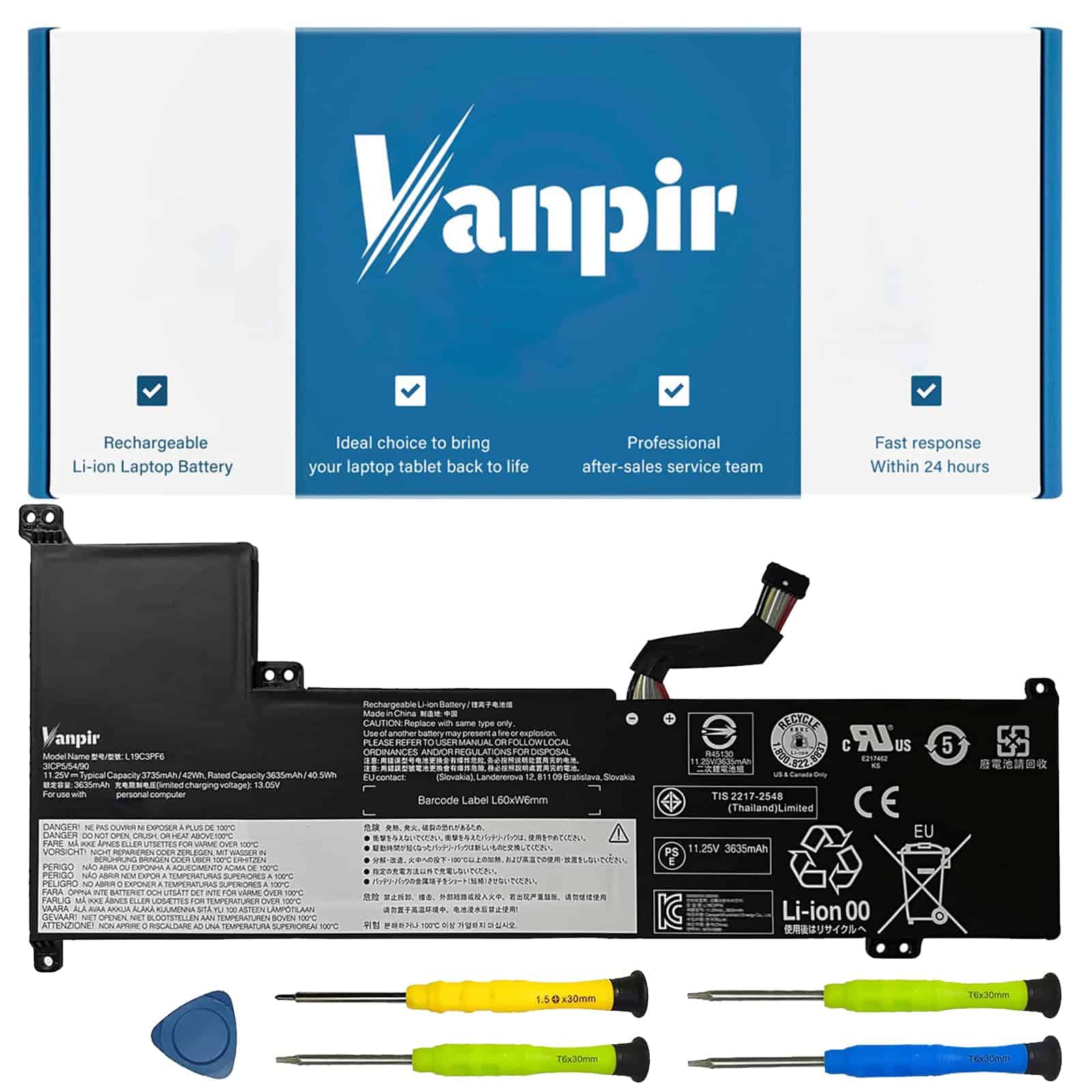 Batería para Laptop VANPIR L19C3PF6 11.25V 42Wh 3735mAh de