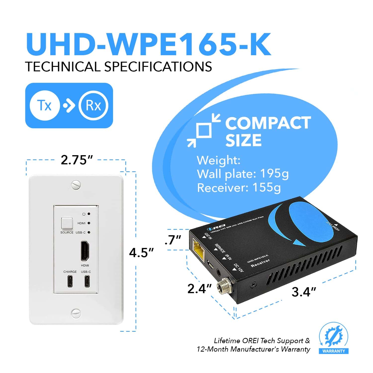 OREI 4K HDMI/USB-C Extender, Transmisor de Pared con Cable - Image 6