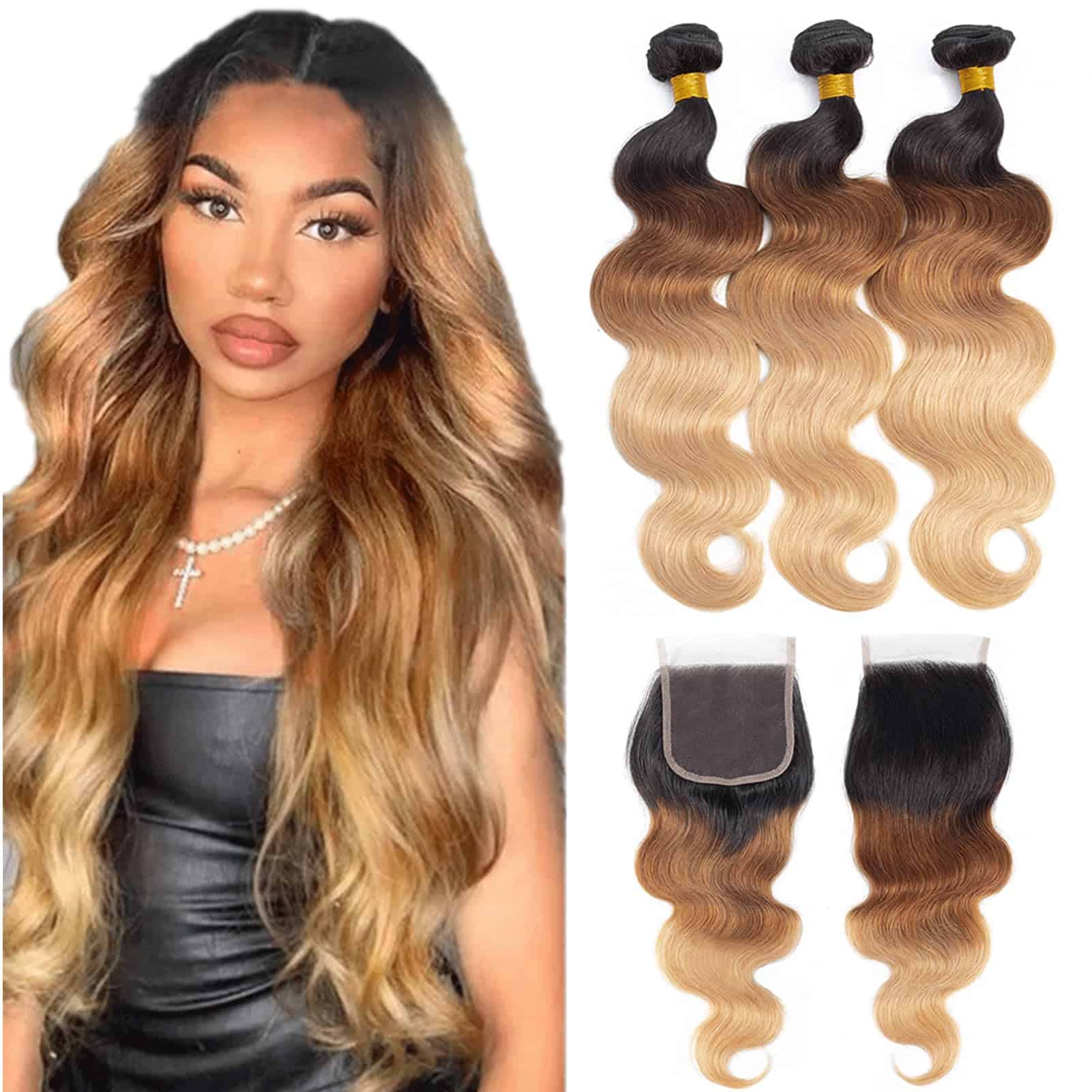 12A Mechones Ombre con Cierre de Pelo Humano (18 20 22+18″)