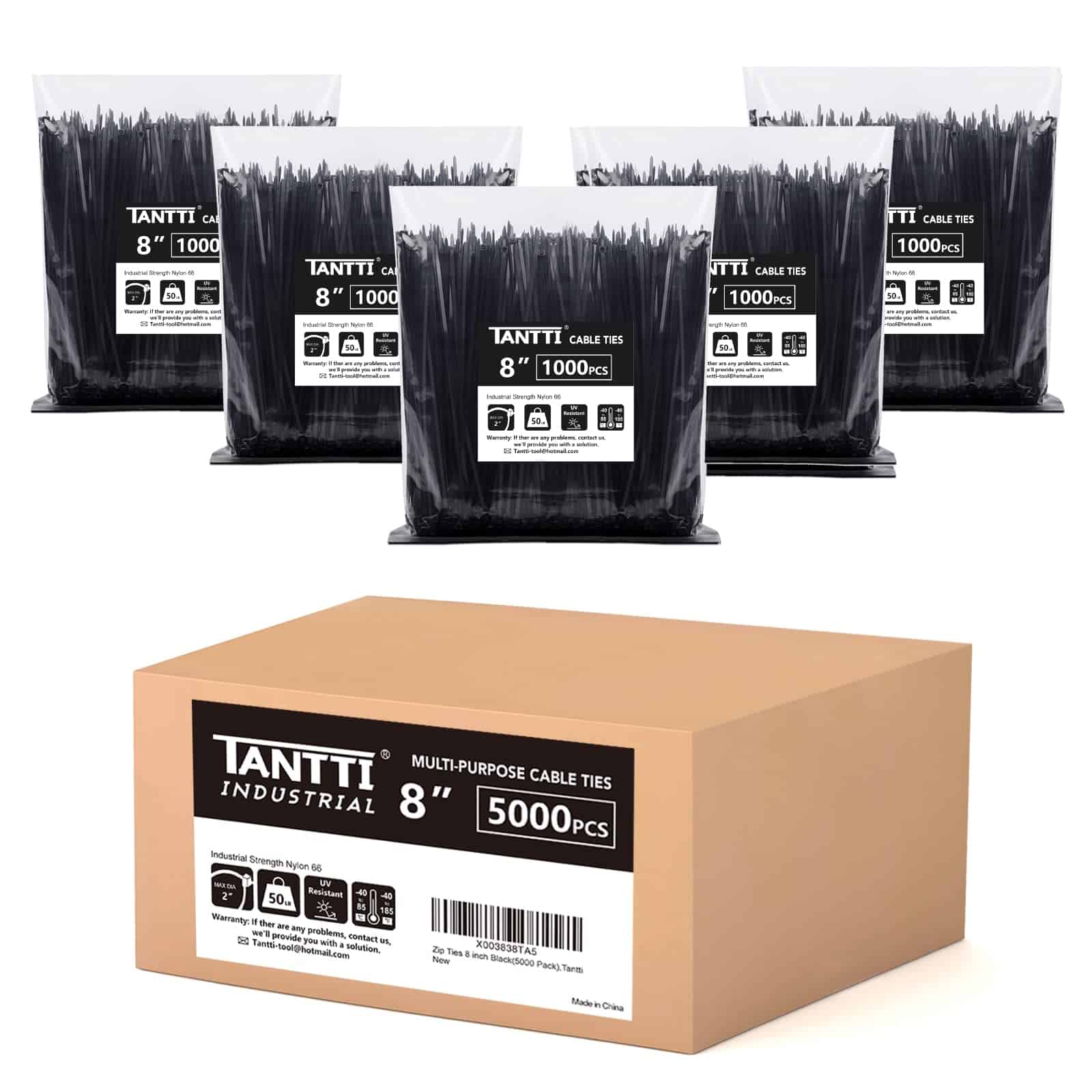 Zip Ties 8 pulgadas 5000 Paquete de Lazos Negros (5×1000),