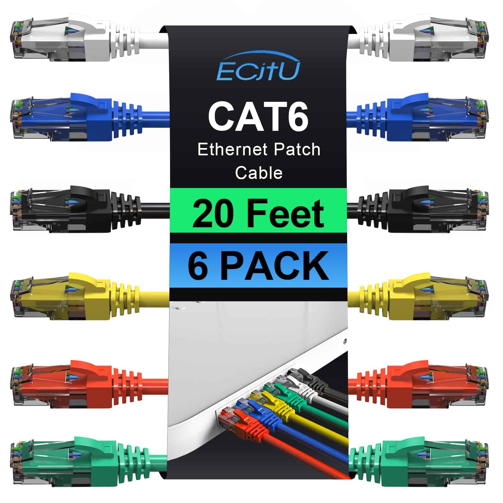 Cables de conexión Cat6 de 20 pies (Paquete de 6), Cable