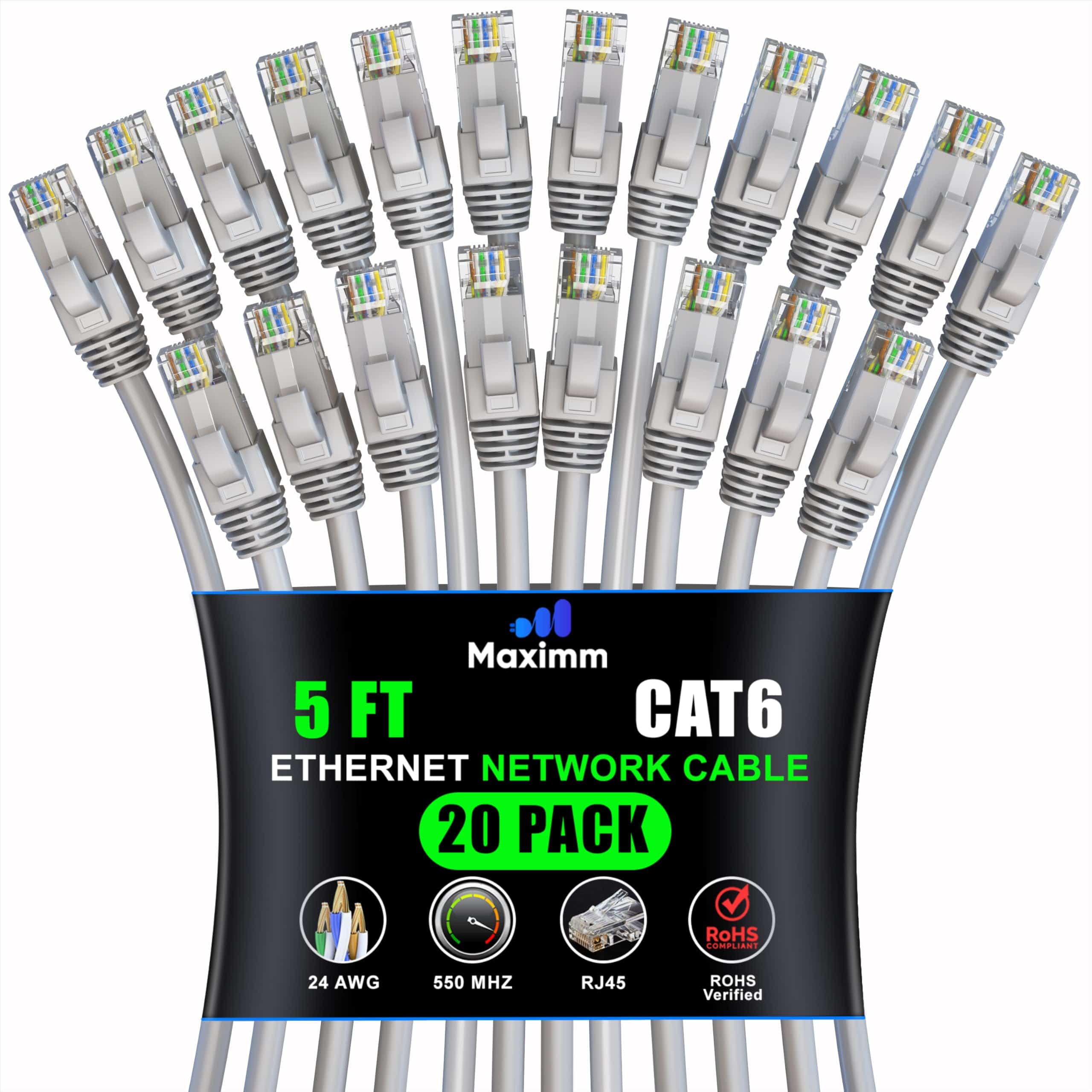 Cable de Ethernet Cat 6 Maximm de 5 pies (Paquete de 20) –