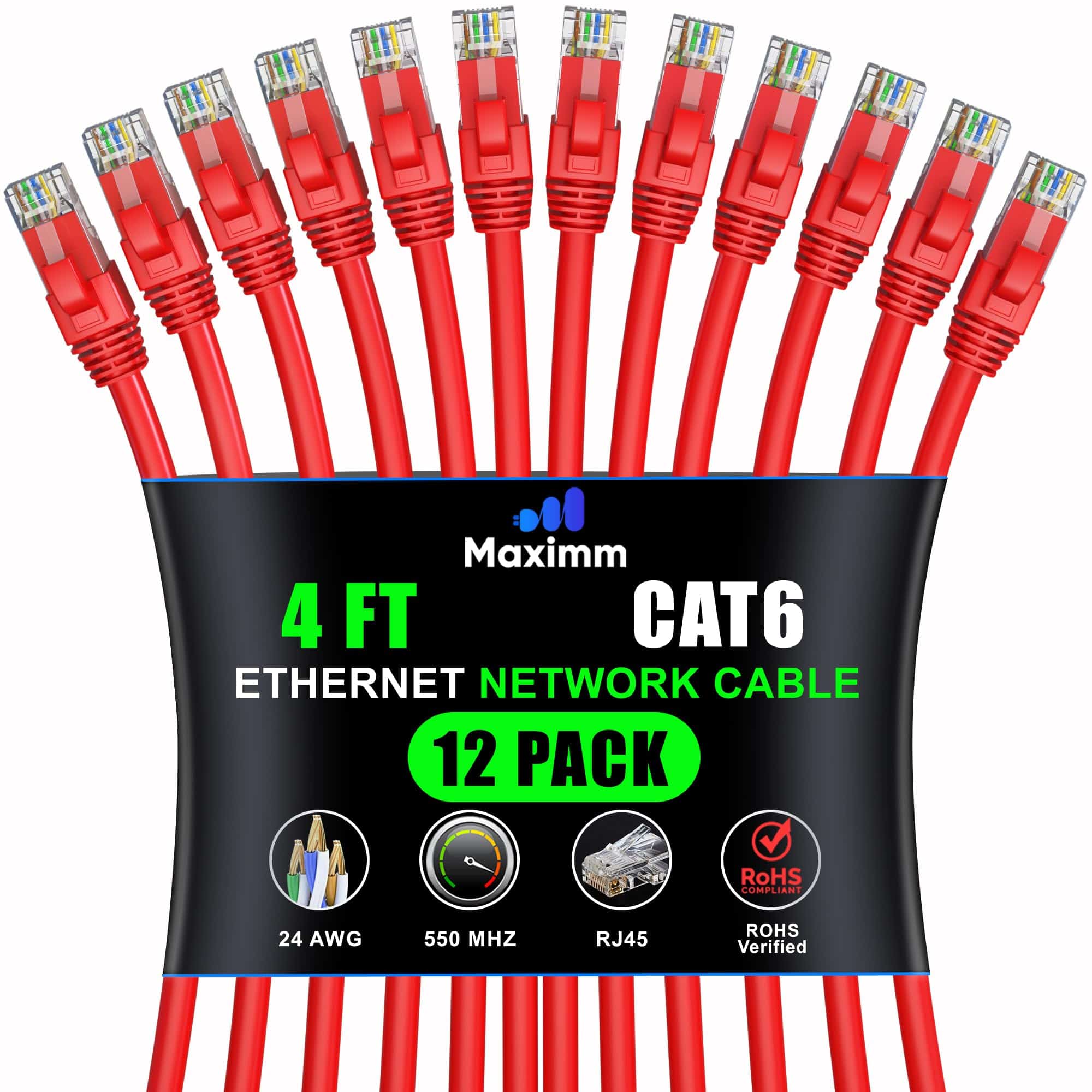 Cable de Ethernet Maximm Cat 6 - 4 ft (Paquete de 12) LAN