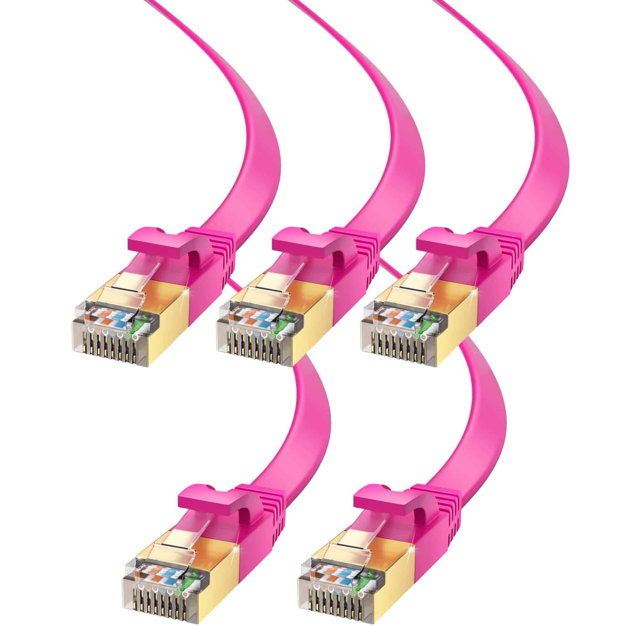 Cable Ethernet plano CAT7 Maximm, paquete de 5 (rosa, 1ft)