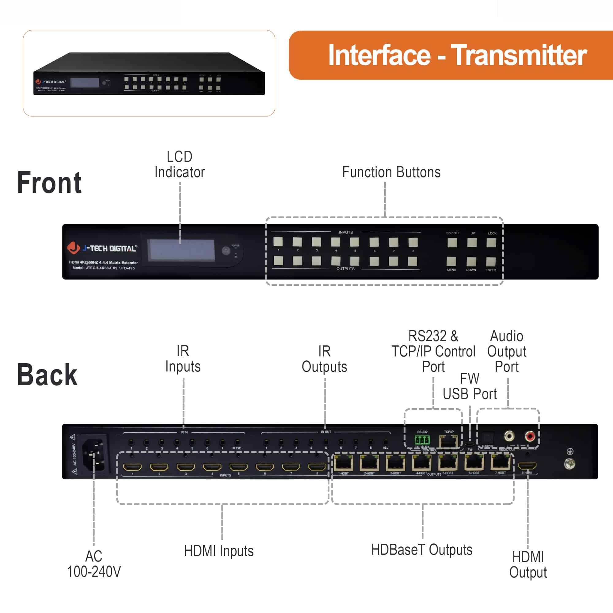J-Tech Digital 8x8 HDMI Matrix Switch Extender 4K 60Hz - Imagen 4
