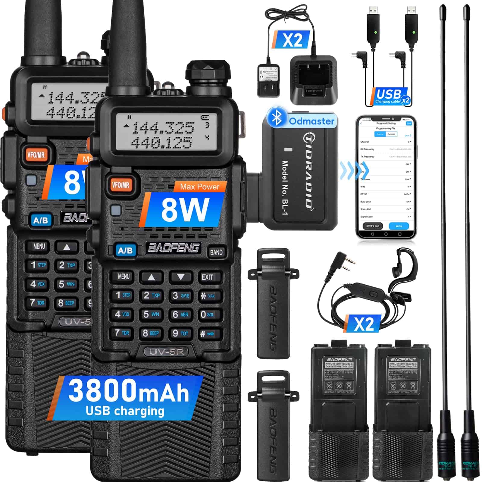 Radio de Mano Baofeng UV-5R Ham, 8 vatios con Baterías