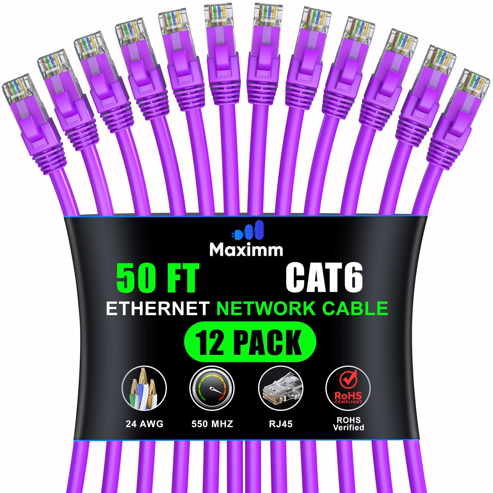 Cable de Ethernet Maximm Cat 6 – 50 pies (12-Pack), LAN de