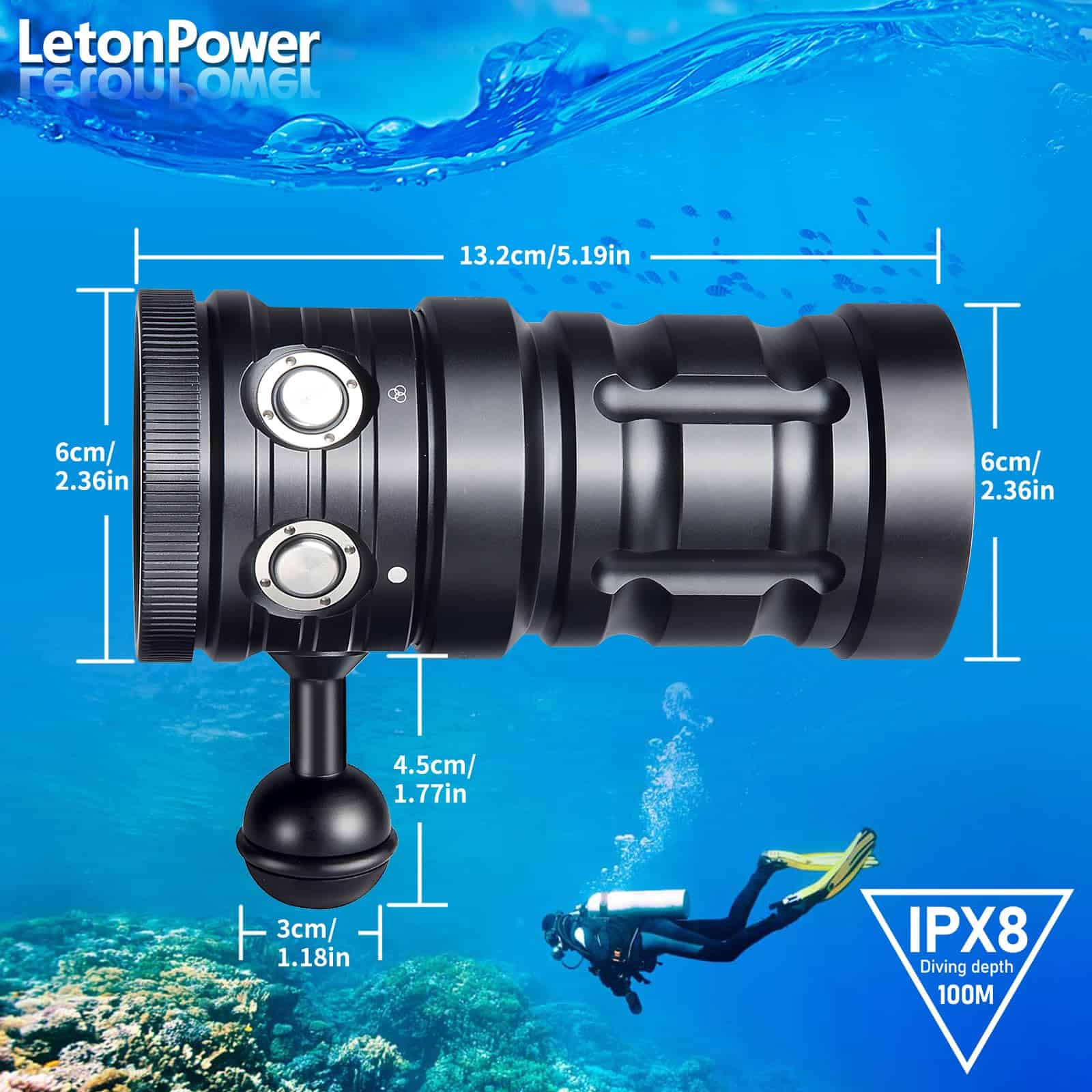 LetonPower Turbo SX Dive Light, 11000 Lumens 100m Linterna - Imagen 5