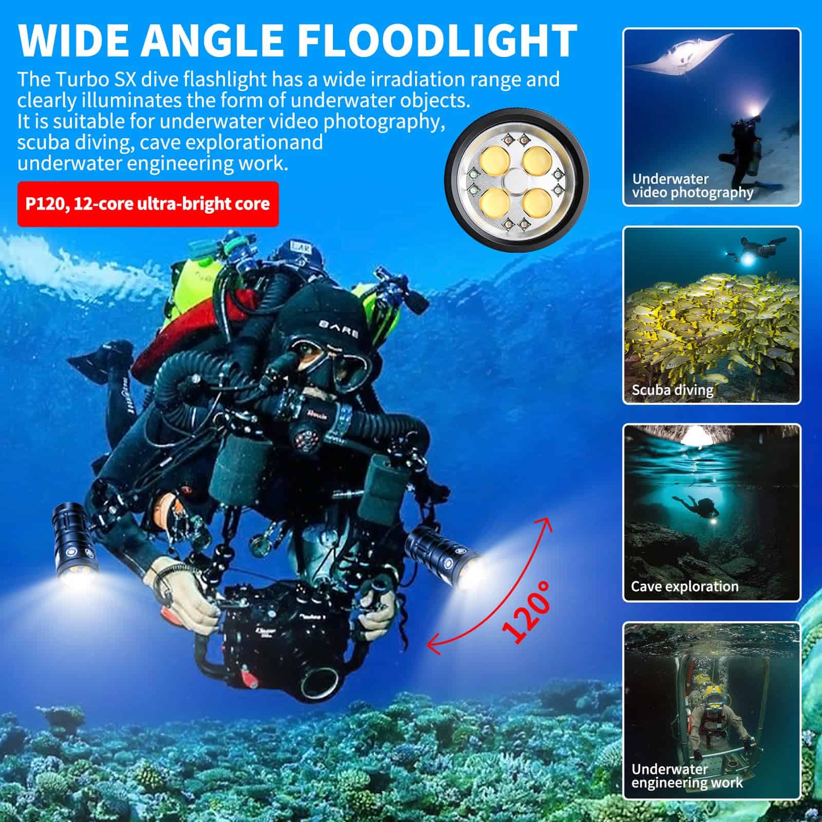 LetonPower Turbo SX Dive Light, 11000 Lumens 100m Linterna - Imagen 7