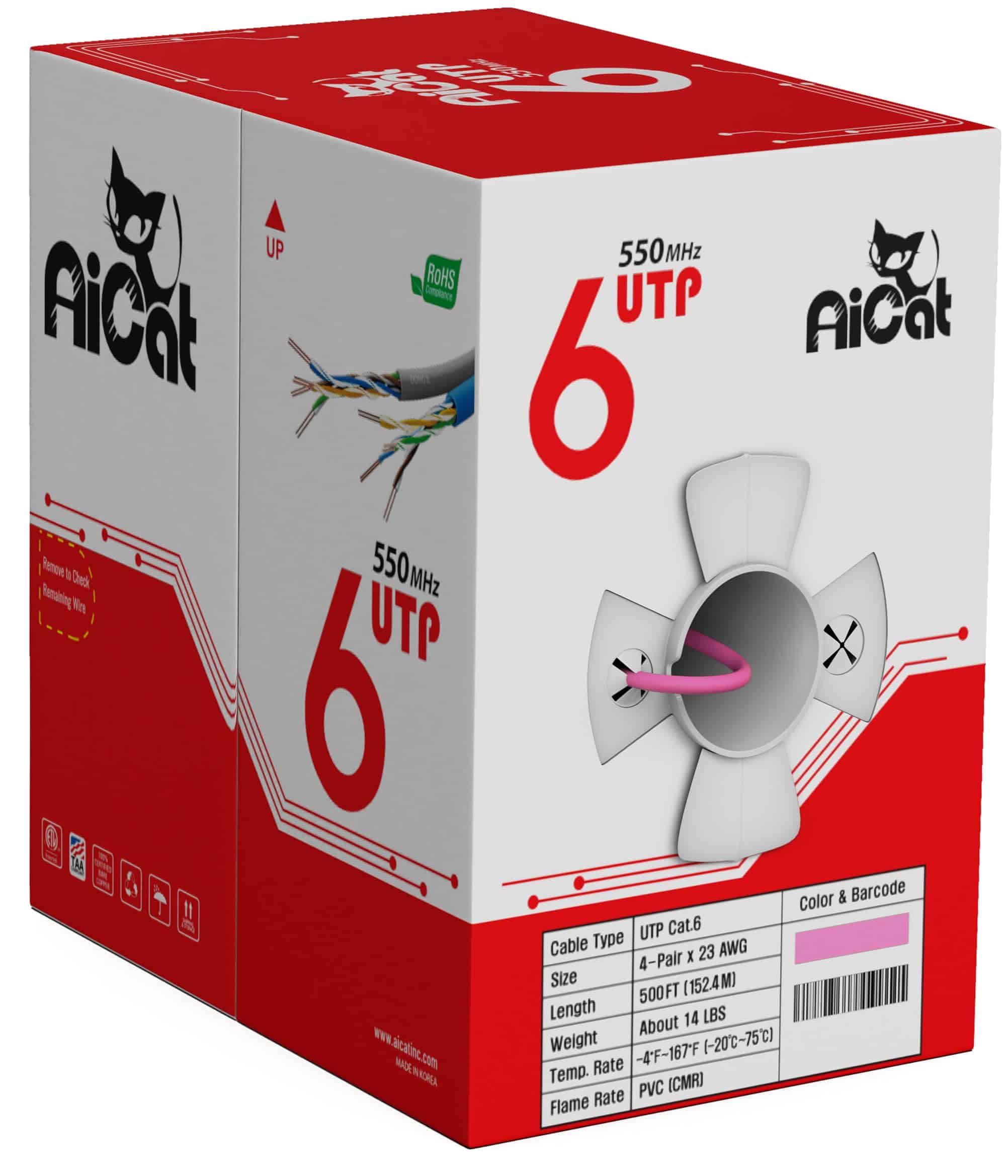 Cable de Ethernet AiCat Cat6 500ft - 23 AWG, CMR, ETL,