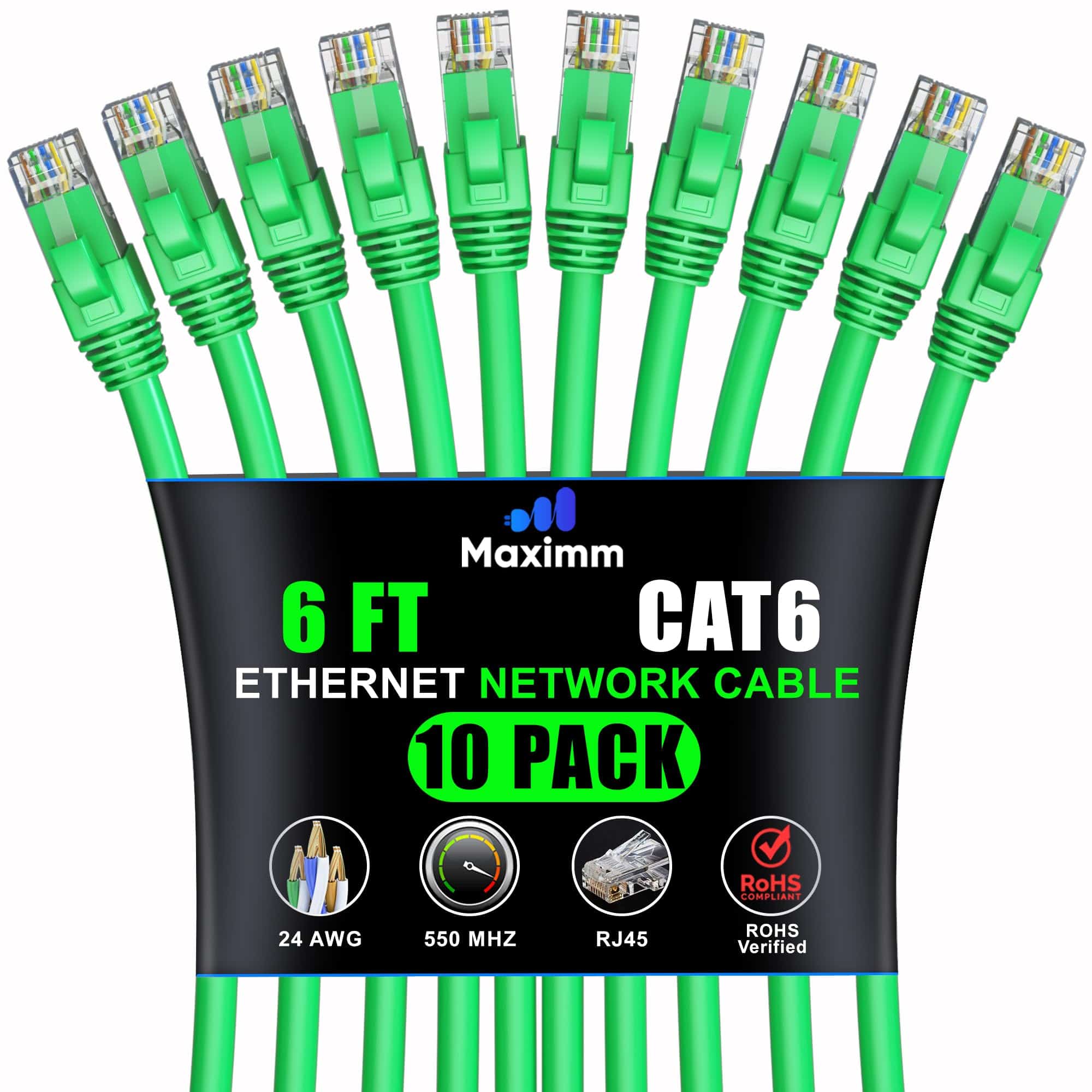 Maximm Cable de Ethernet Cat 6 de 6 pies (paquete de 10) -