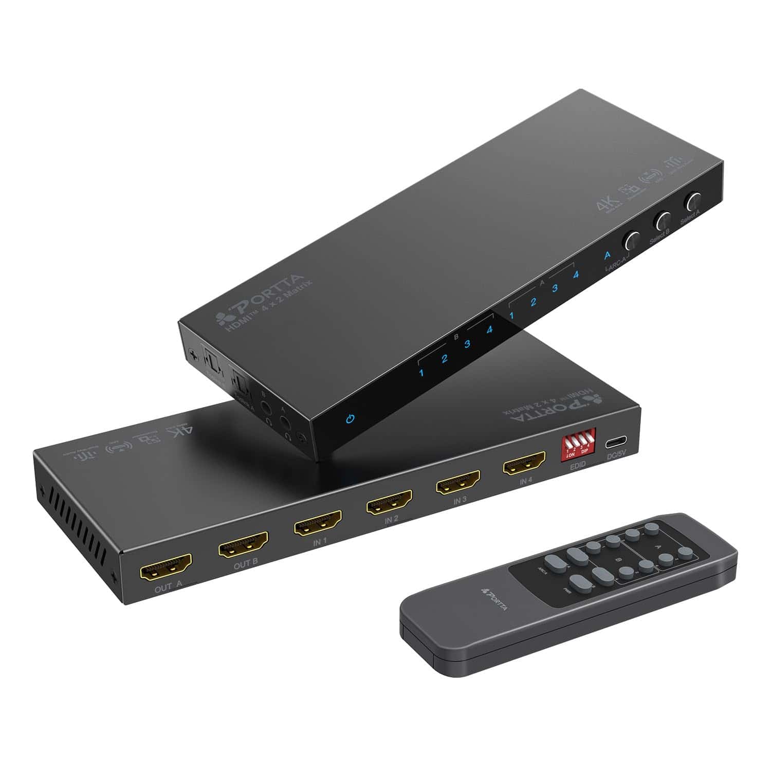 Matrix HDMI 4×2 4K 60Hz, PORTTA 4 Entradas 2 Salidas Con