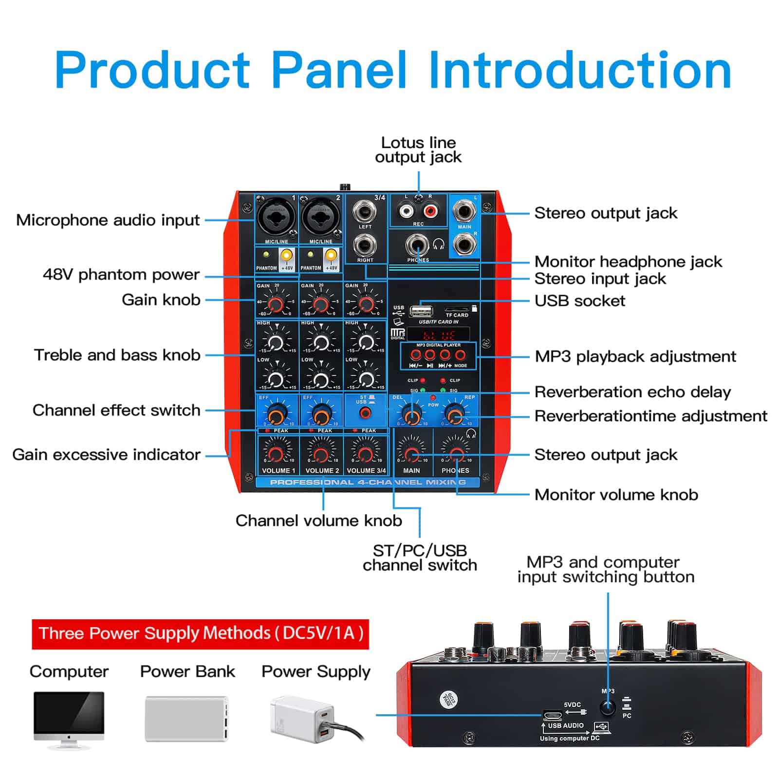 Mezclador de Audio de 4 Canales Consola Portátil Mini con - Image 7