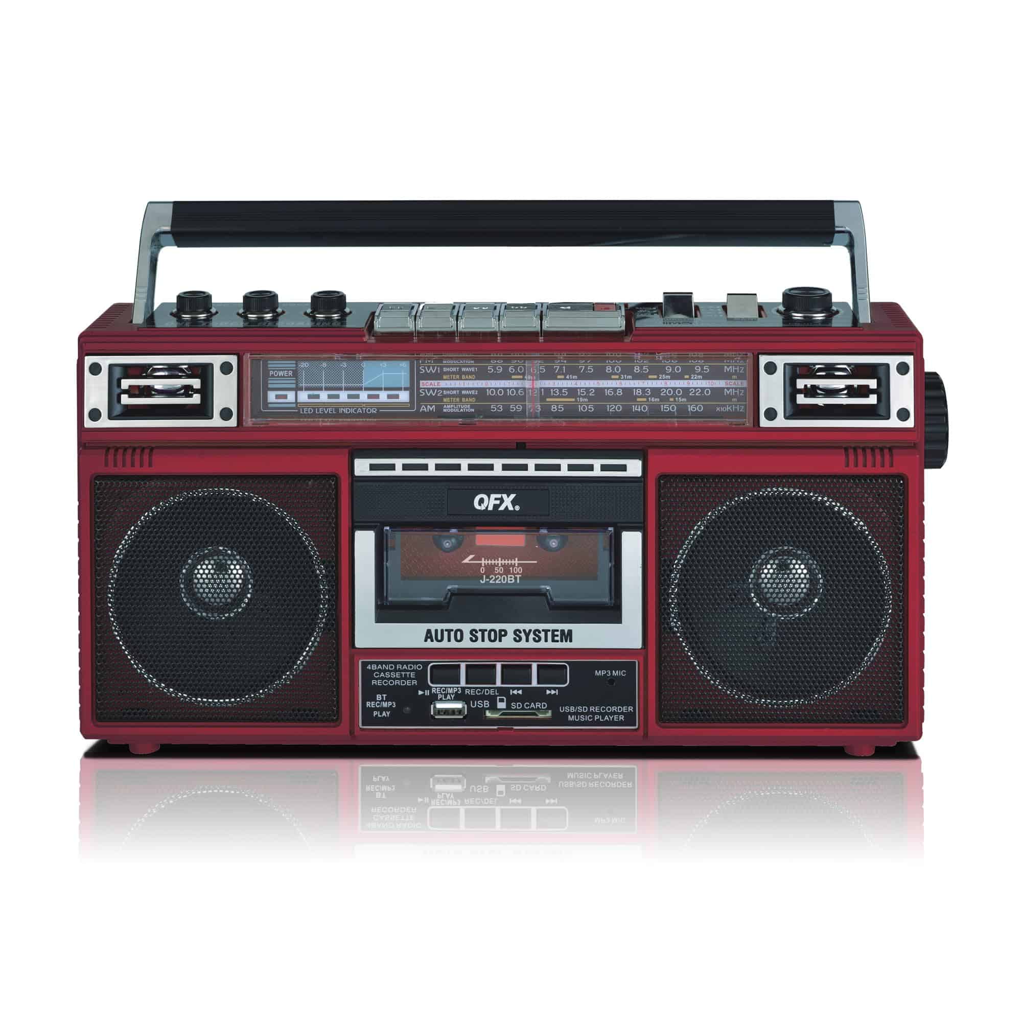QFX J-220BT Boombox Rojo con Conversión de MP3 de Radio a