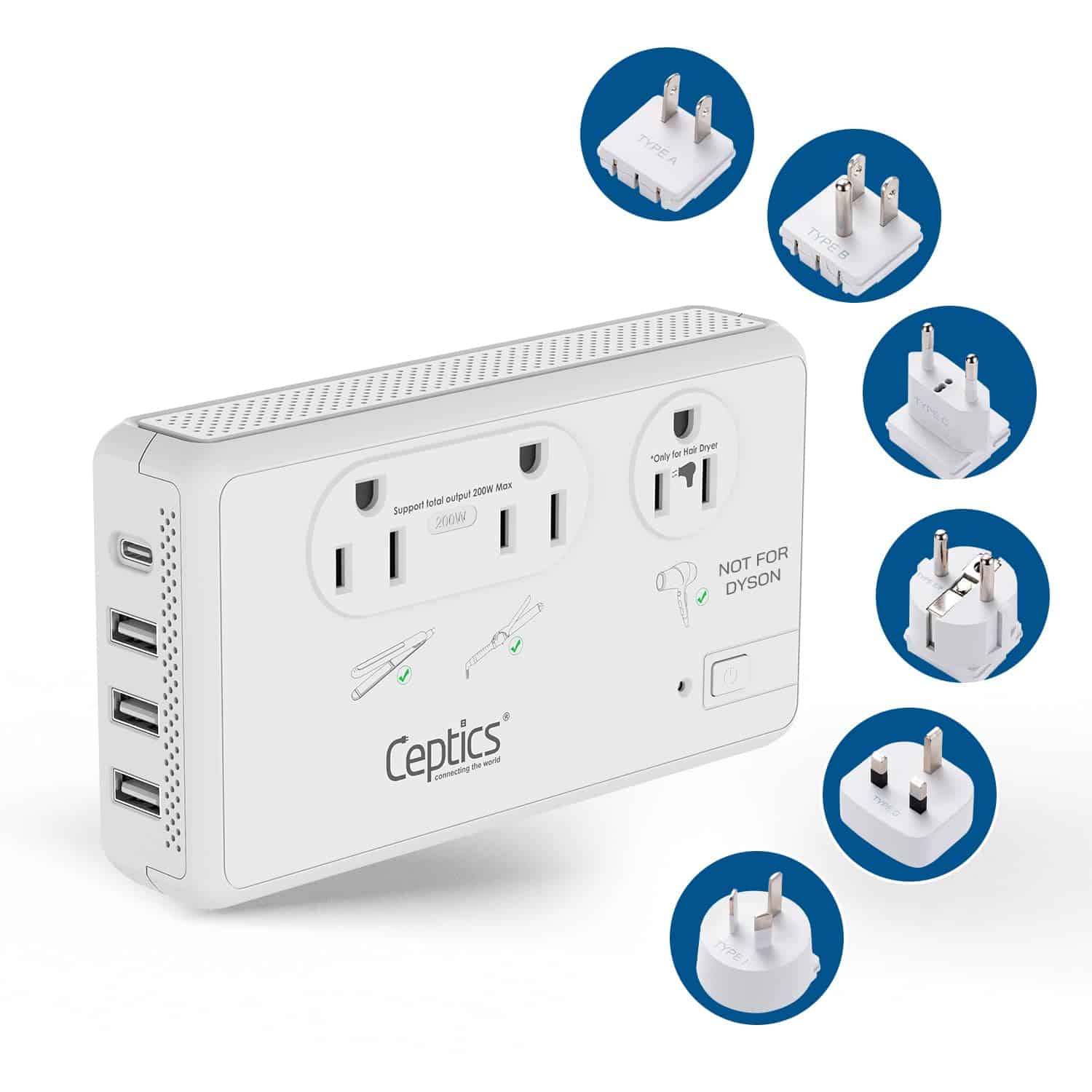Convertidor de voltaje de viaje Ceptics 2000W para secador