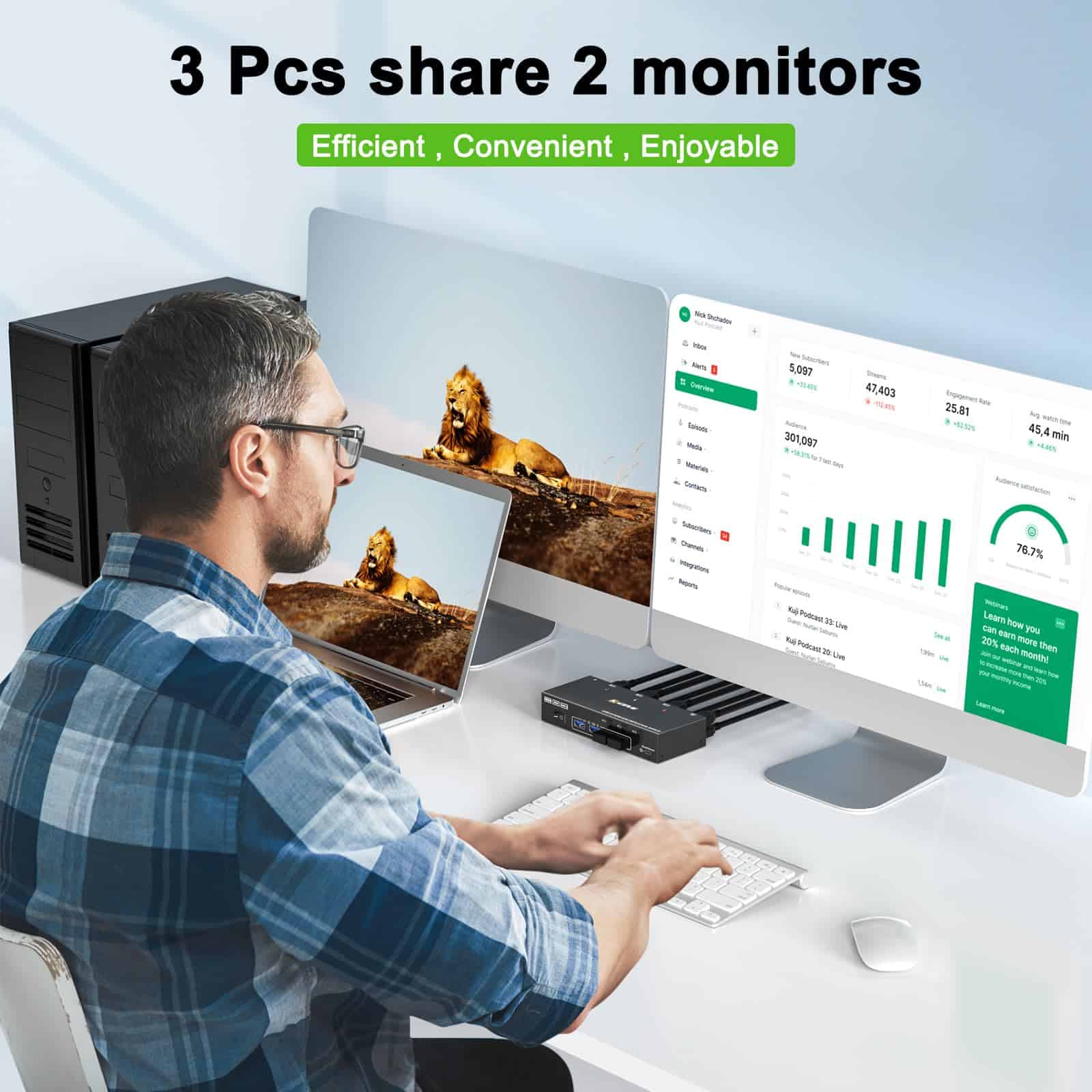 Switch KVM de 2 Monitores 3 Computadoras 4K@60Hz 2K@144Hz, - Image 3