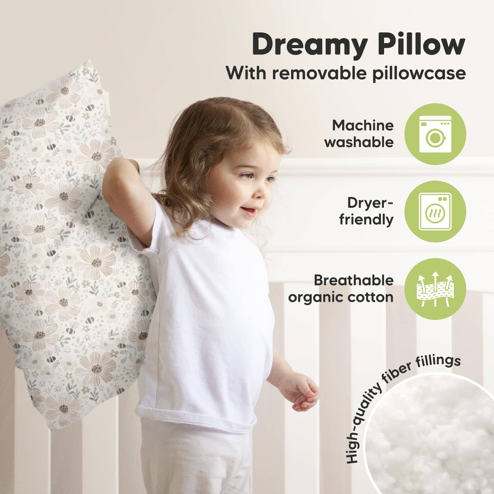 Almohada para Niños KeaBabies con Funda de -Flora Vale - Imagen 5