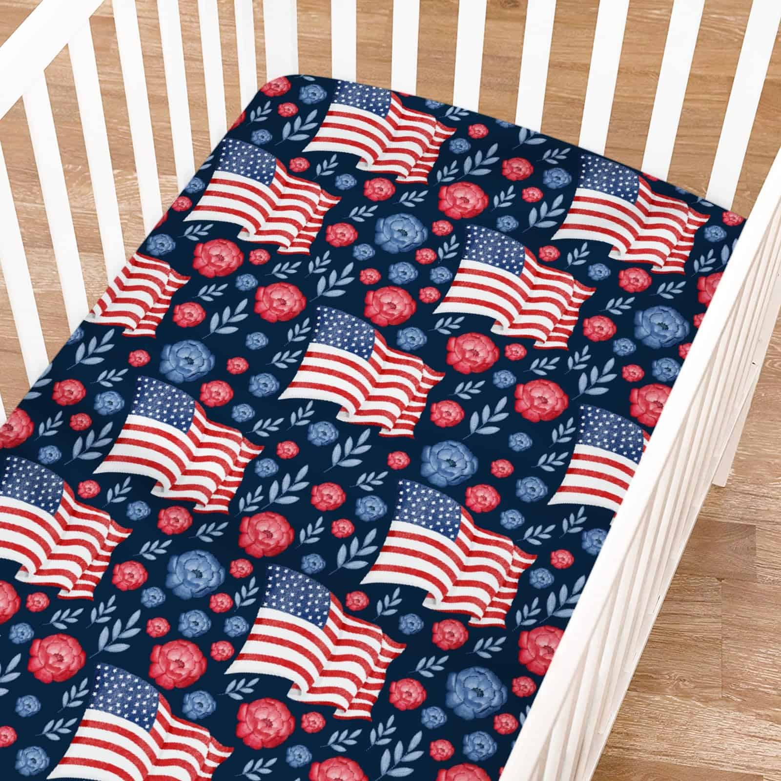Sábanas de cuna con estampado de bandera americana azul y