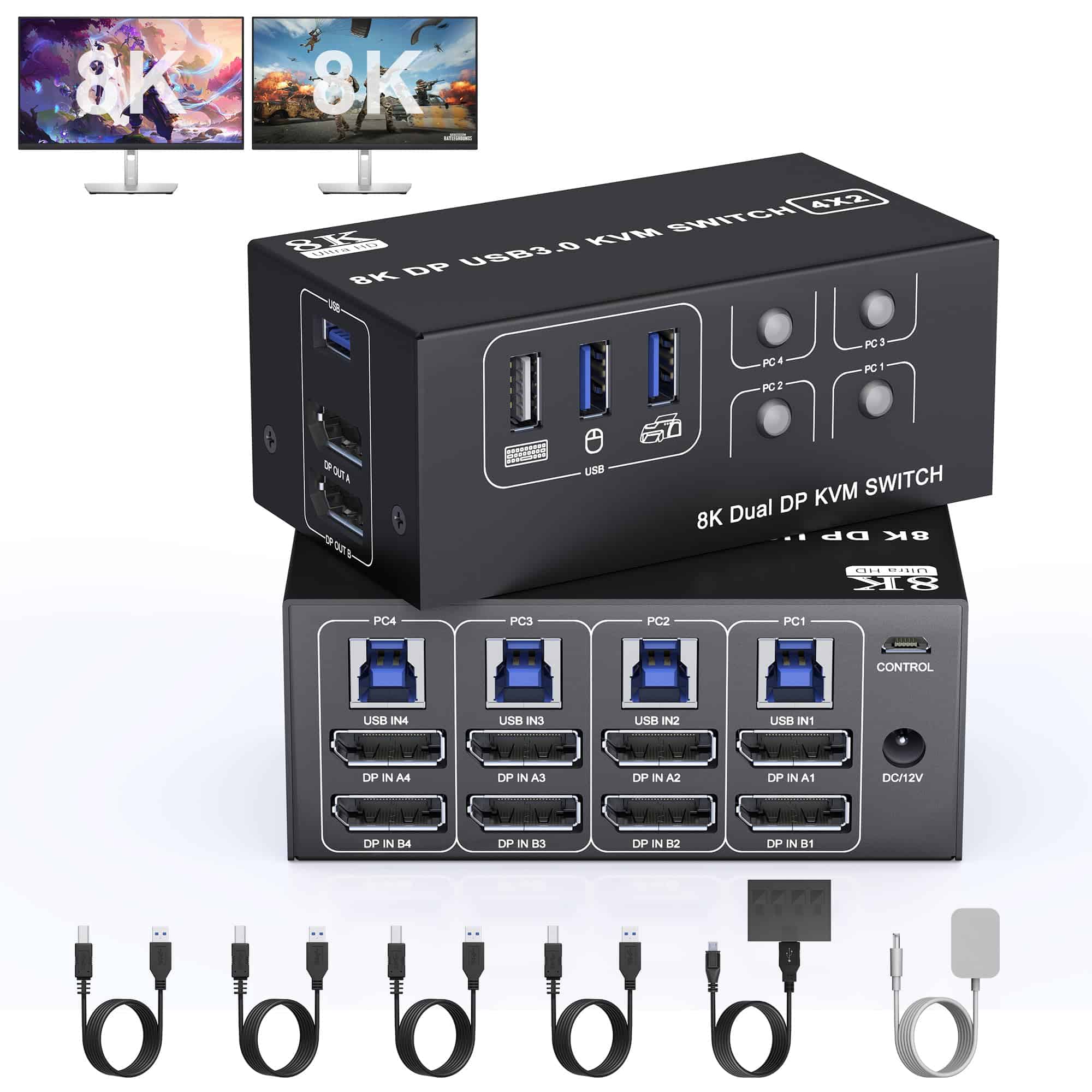 Switch KVM USB 3.0 de 8K 2 Monitores 4 Computadoras