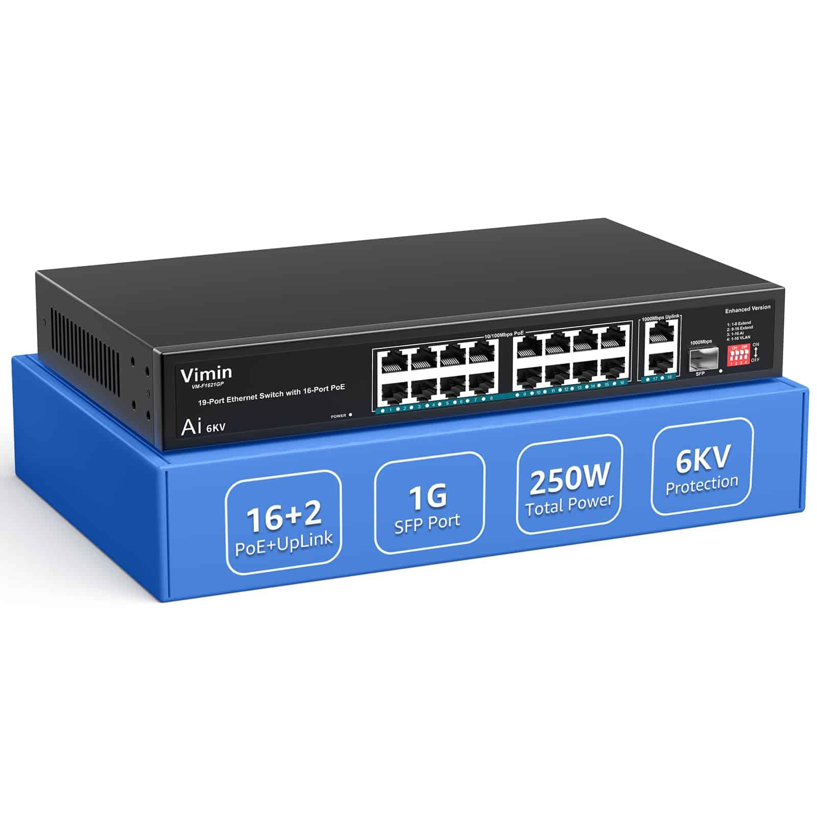 Switch PoE de 16 Puertos 10/100Mbps Ethernet Rápida + 2