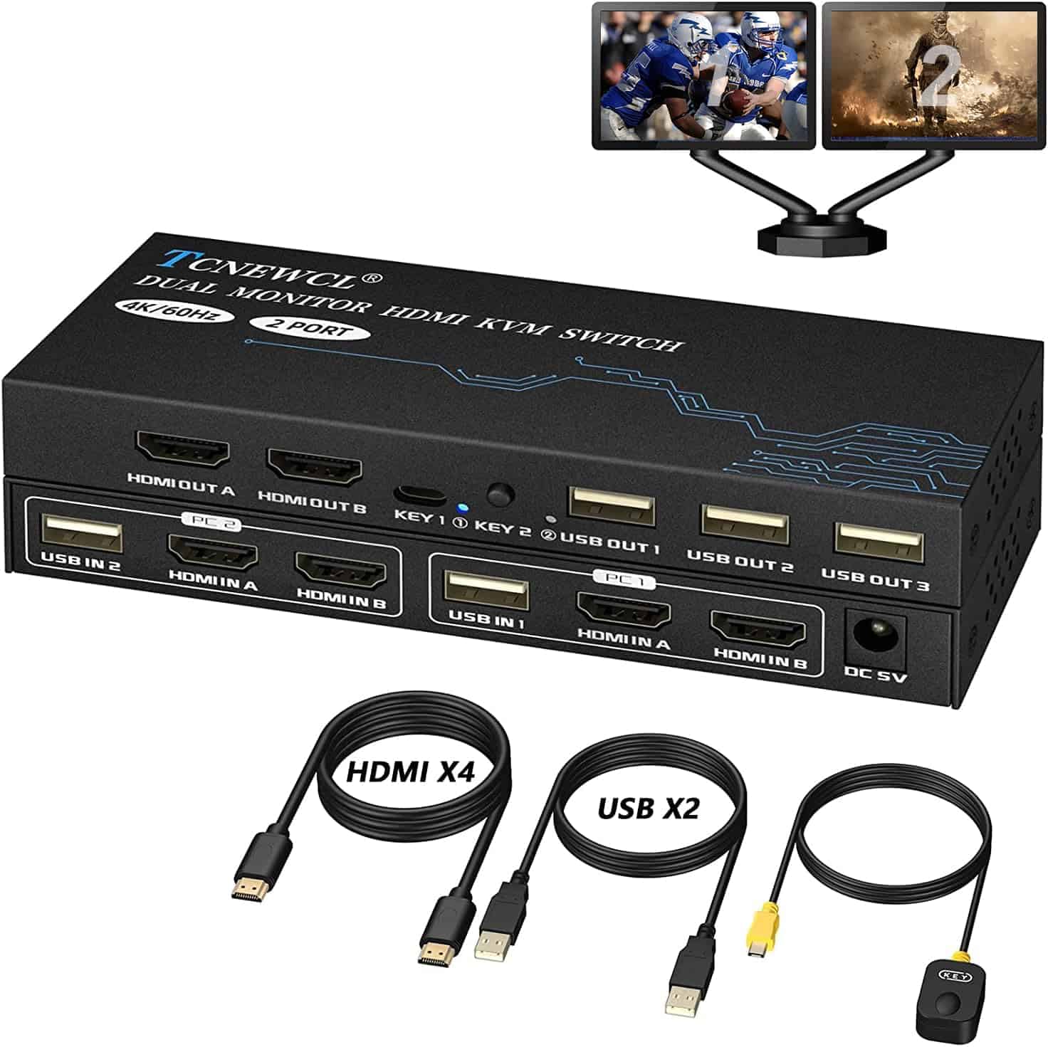 Switch KVM para 2 Monitores 2 Computadoras, 4K@60Hz Dual