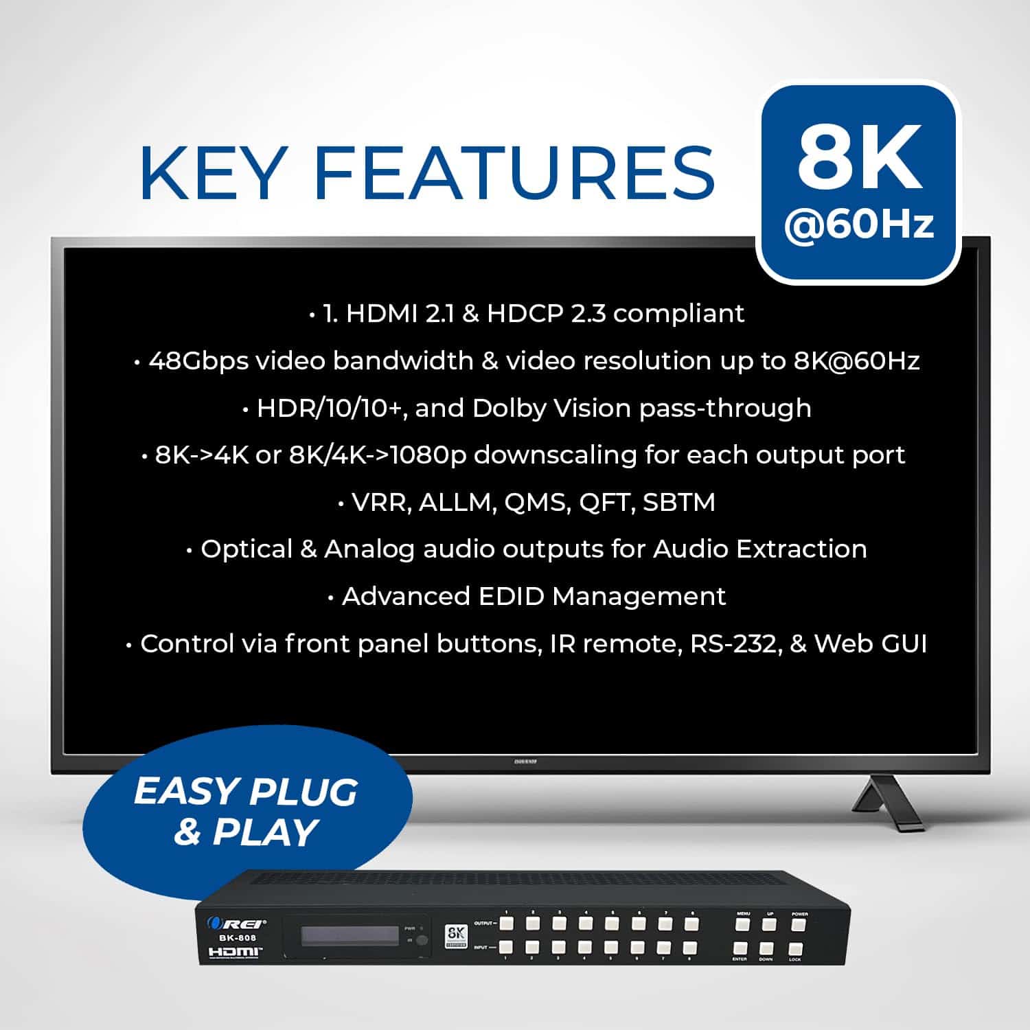 OREI 8K 8x8 HDMI Matrix Switch, Switcher con Extractor de - Image 5