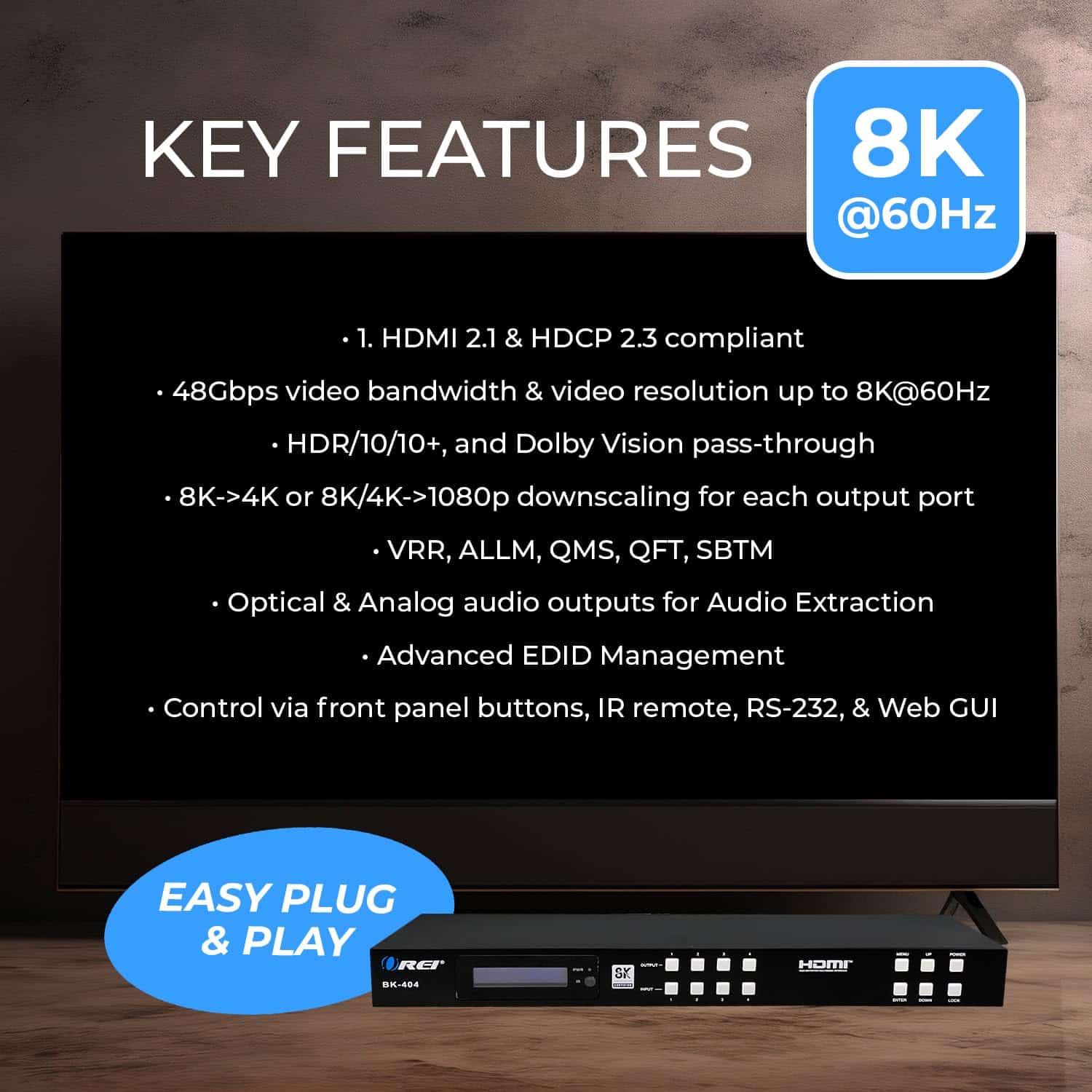 OREI 8K 4x4 HDMI Matrix Switch, Switcher con Extractor de - Image 10