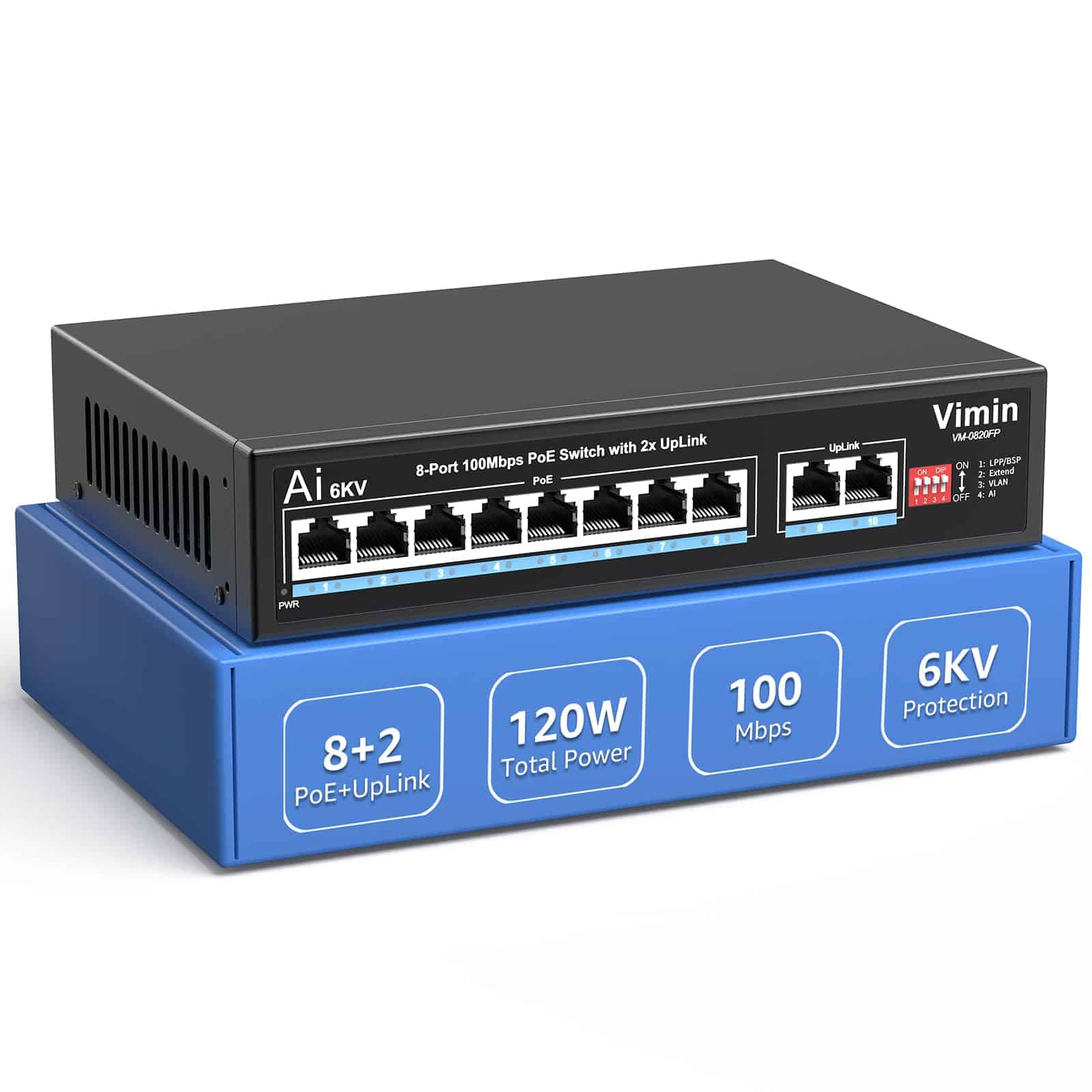 Switch Ethernet PoE de 10 Puertos VIMIN - 8 Puertos No