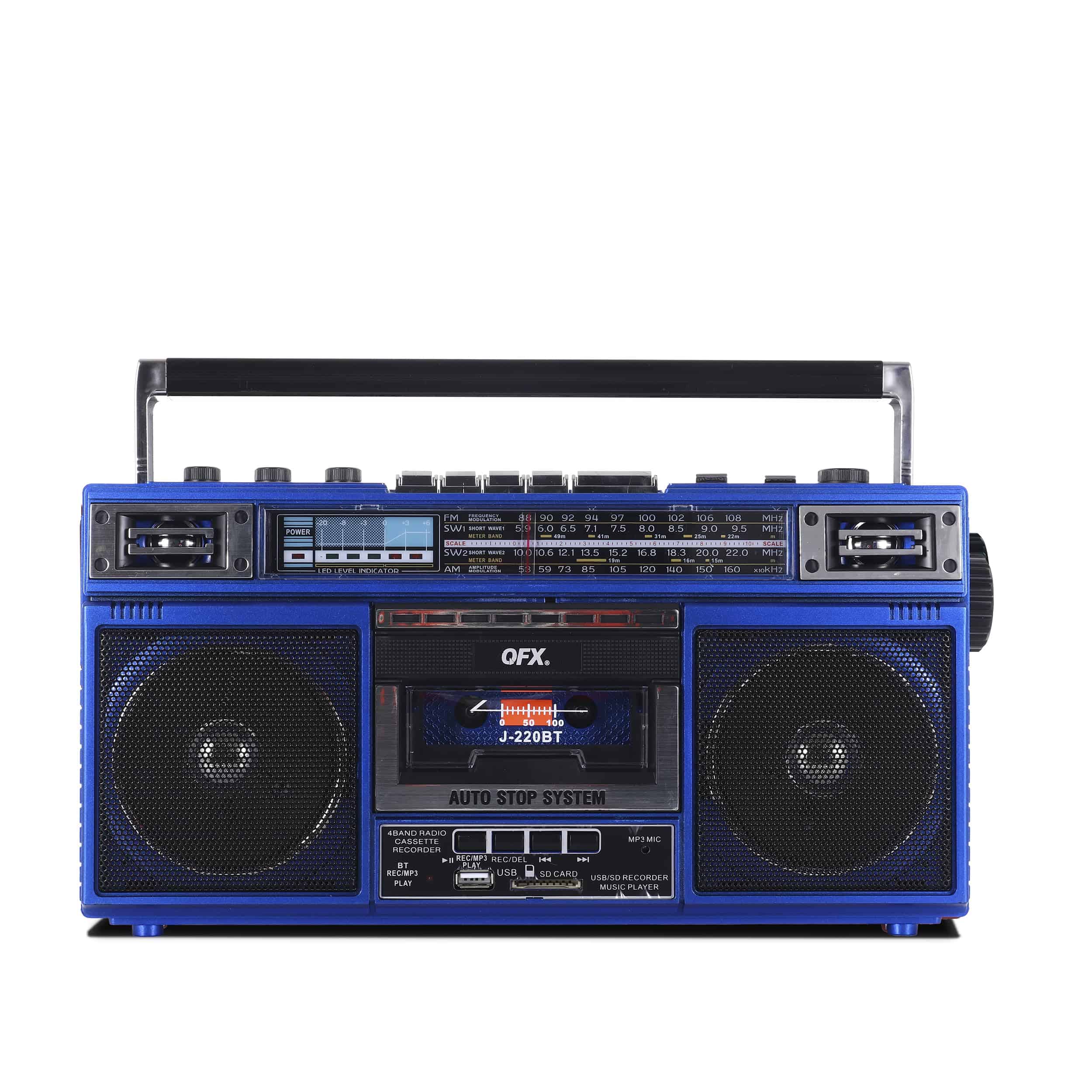 Boombox QFX J-220BT Azul MP3 Conversión de Radio a Casete