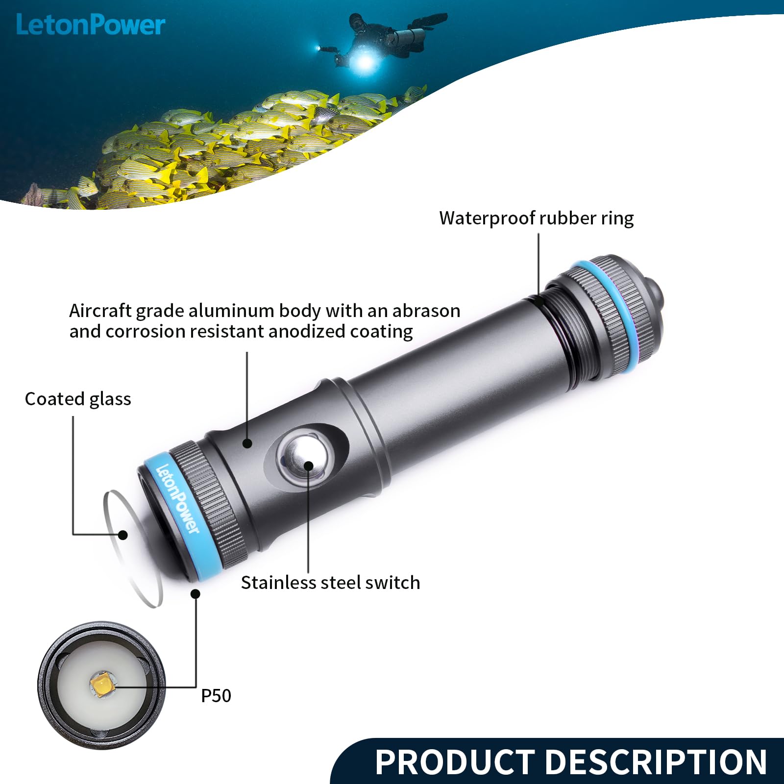 LetonPower Tynny-13FD 2200 Lúmenes Luz de Buceo para - Imagen 9